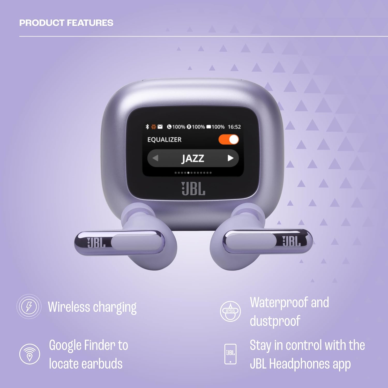 JBL Live Beam 3 - True wireless noise-cancelling stick-closed earbuds, 48Hrs total playback, Wireless Charging, 6 Mics for perfect calls, Multi-point connection, IP55 waterproof and dustproof (Purple)