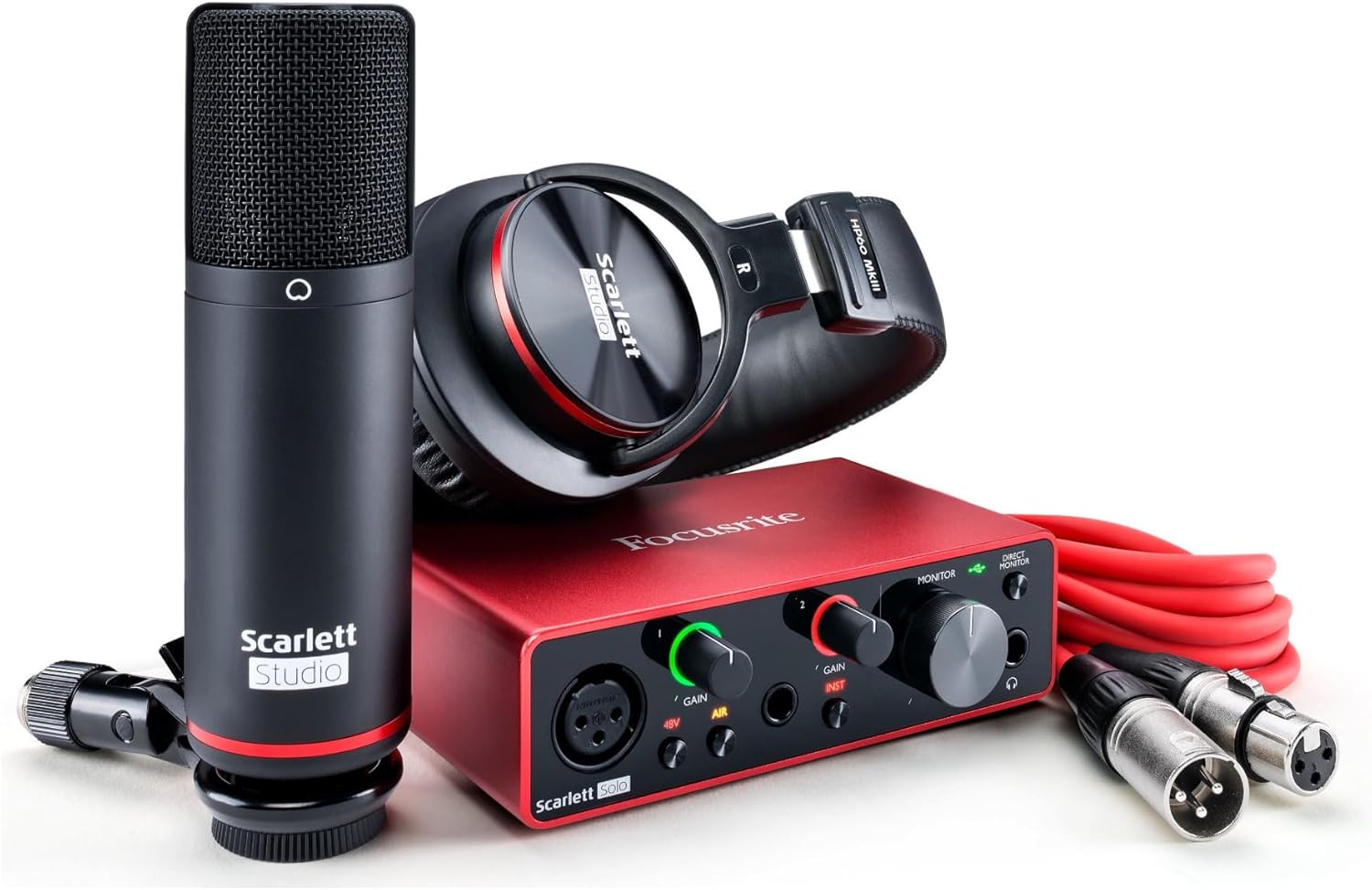 Focusrite Scarlett Solo Studio 3rd Gen USB Audio Interface and Recording Bundle with Boom Microphone Stand, Microphone Cables and Pop Filter (5 Items)