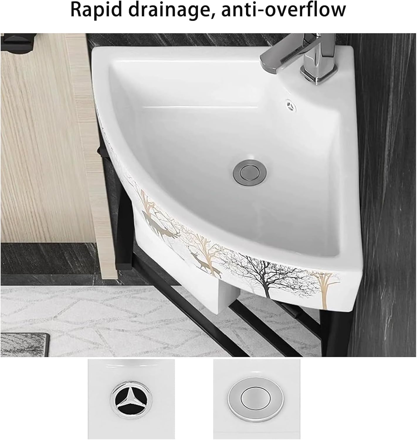 Wall Mount Corner Ceramic Sink Corner Bathroom Vanity Bathroom Sinks with Storage Container Modern Bathroom Storage Cabinet for Small Space Bathroom Cabinet with Faucet and Drain(B)