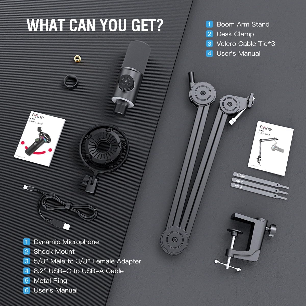 FIFINE USB Gaming Microphone and Mic Arm Stand Kit, RGB Dynamic Mic with Tap-to-Mute, Headphones Jack for PC, Heavy Duty Boom Arm Bundle with Desk Mount, 5/8