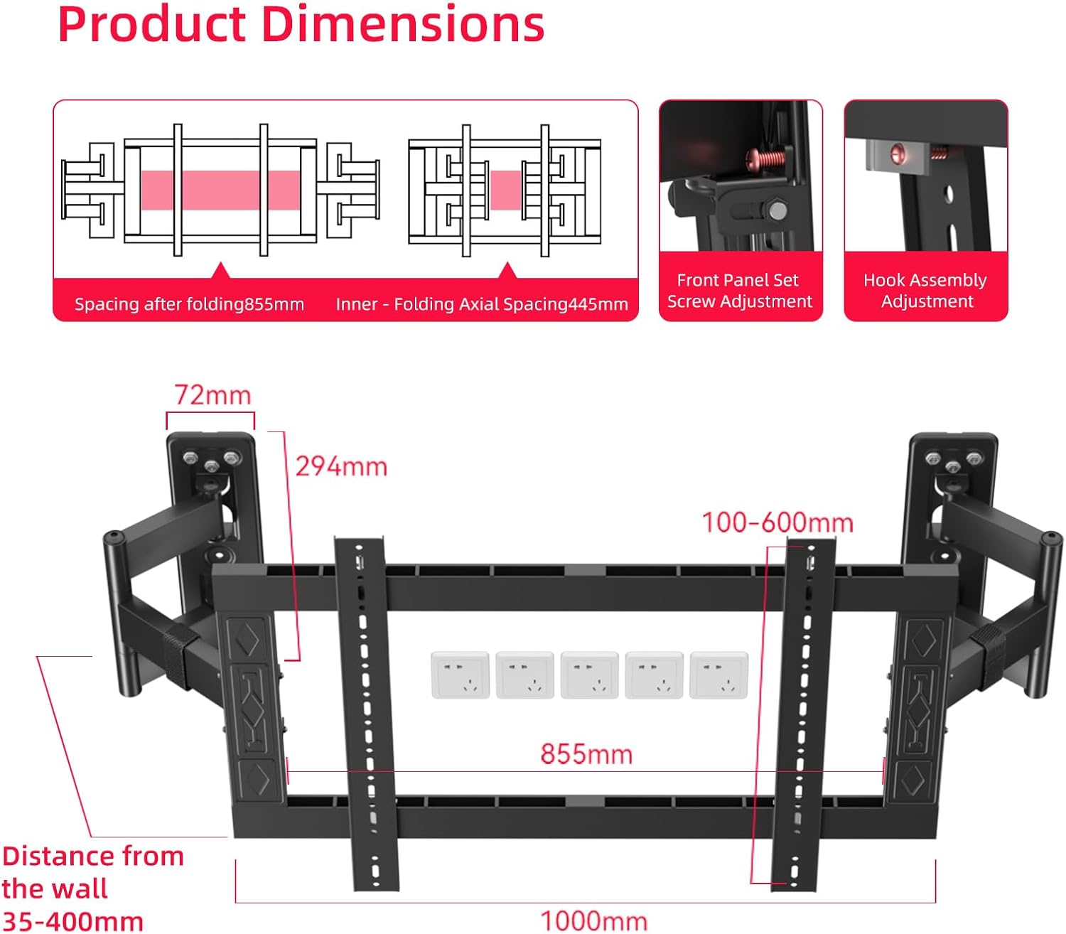 Heavy Duty Corner TV Wall Mount Bracket–Full Motion for 70-100 Inch Flat Curved Screen TVs,Ultra-Thin Dual Arm with Tilt,Swivel,Extension,U-Slot,VESA 800x600mm,Load 220 lbs,XL-DY894