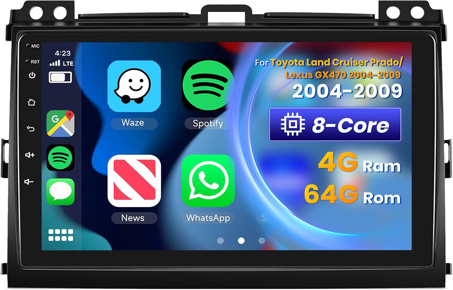 [8 CORE 4G+64G] Car Radio for Toyota Prado/Lexus GX470 2004-2009 with Wireless Carplay/Android Auto, 9 Inch Android 13 IPS Touch Screen Car Stereo, Bluetooth, GPS, WiFi, SWC, Backup Camera