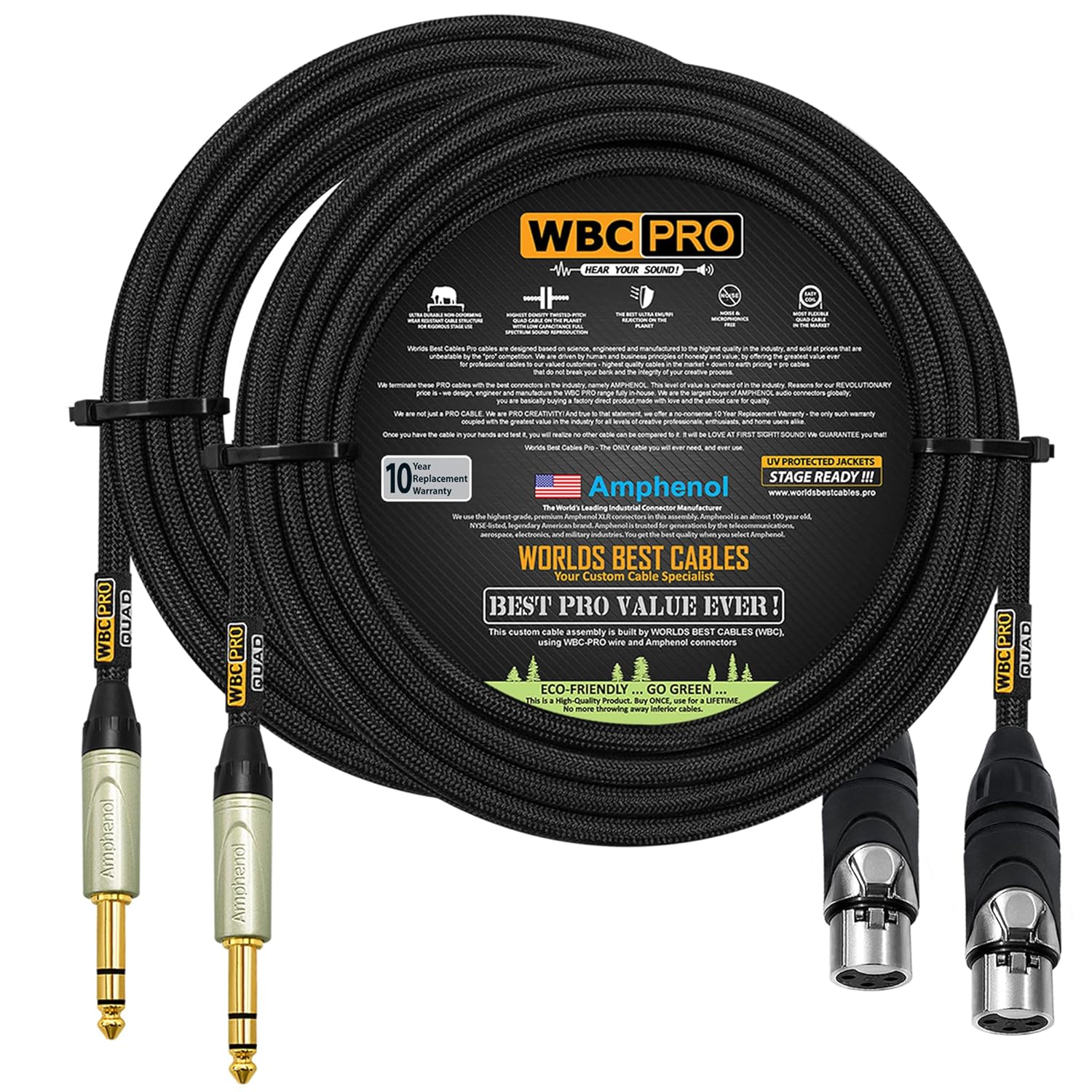 2 Units - 125 Foot - WBC-PRO-Quad Ultra-Silent Ultra-Flexible Balanced Star-Quad XLR to TRS Cable with Amphenol AXX3F Female XLR & QS3P-AU Straight TRS Stereo Phone Plugs - Black Tweed Jacket
