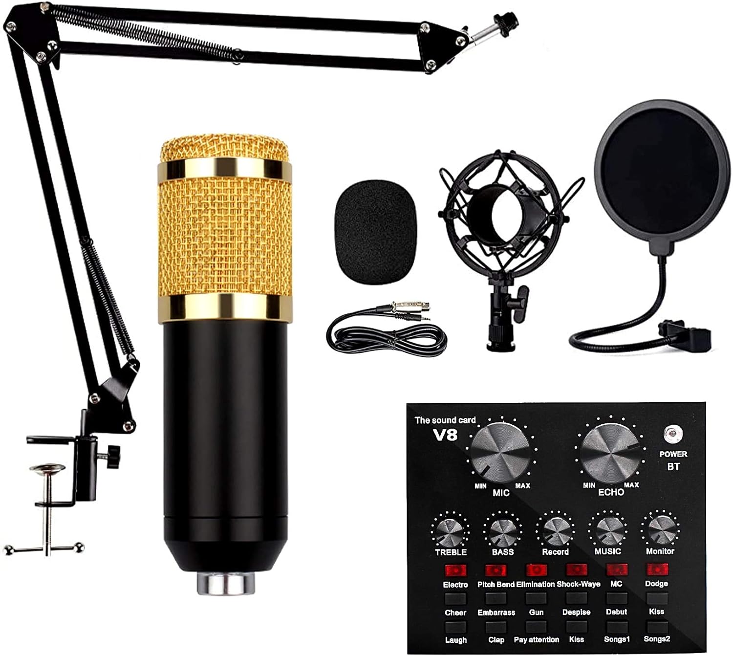 Condenser Microphone Bundle with Live Sound Card, Kit with Adjustable Mic Arm Stand Desk for Recording Broadcasting Vocal Microphones