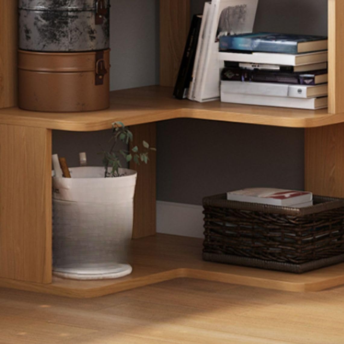 KWOKING L-Shape Bedroom Corner Cube Storage Cabinet Book Shelf Floor Bookshelf Solid Wood Storage Shelves Triangle Corner Bookcase White 22