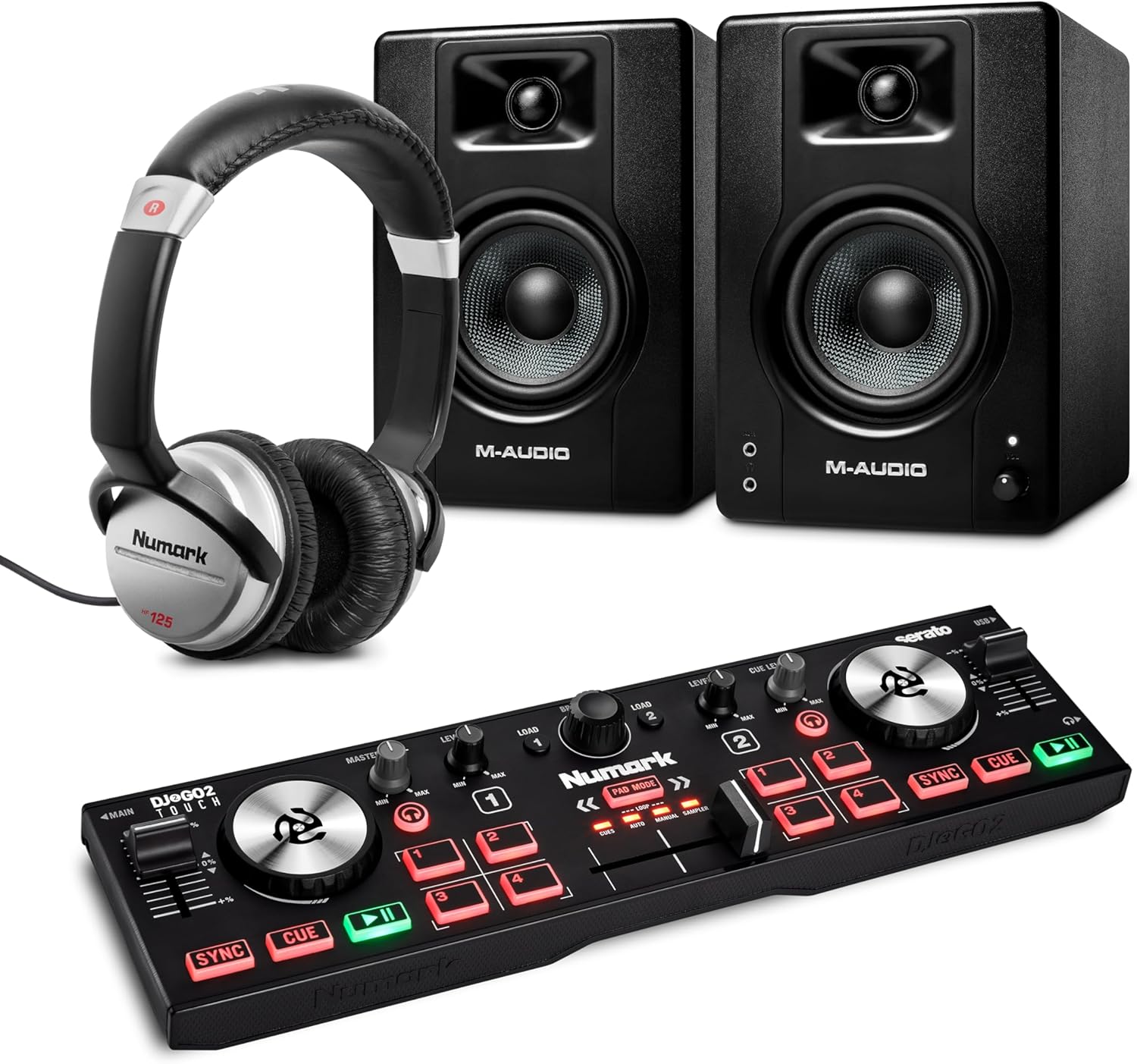 Numark DJ2GO2 Touch DJ Controller and M-AUDIO BX4 Pair Studio Monitors with Headphones for Studio Recording, Music Production, Podcasting, Streaming