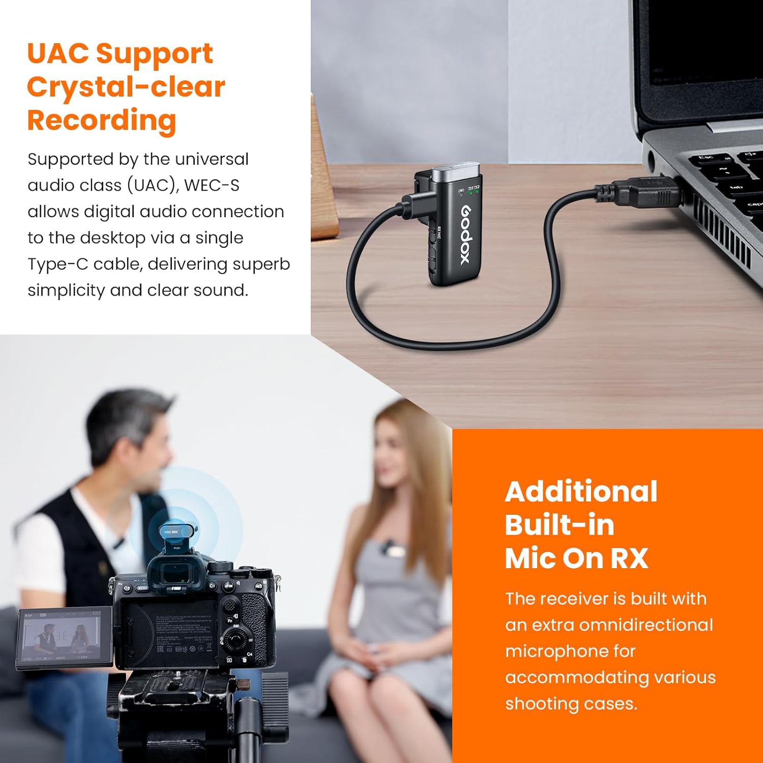 GODOX WEC KIT2 Wireless Microphone for Sony, Cable-Free Hotshoe Mount Lavalier mic, 200m (656ft.) Range, Noise Cancelling Mics, UAC Support Wireless Microphone for PC/Phone/Camera