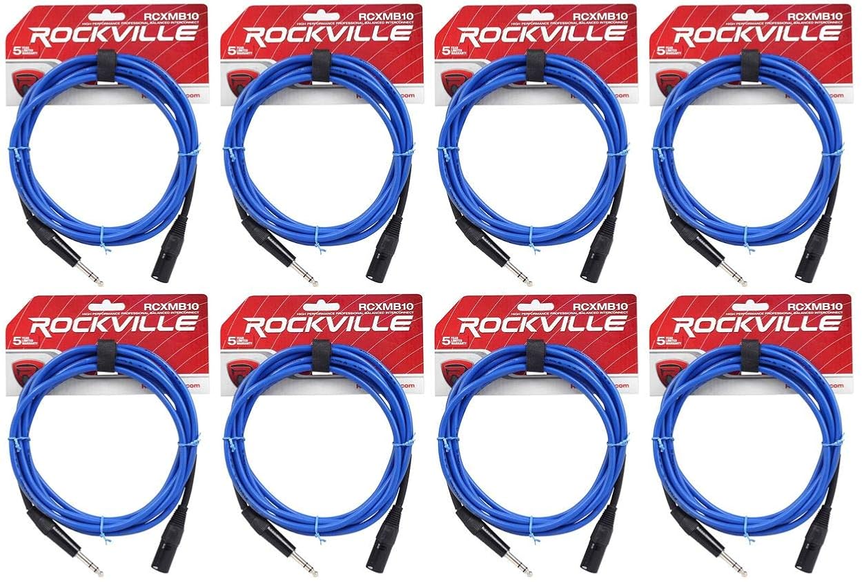 Rockville (8 RCXMB10BL 10' Male REAN XLR to 1/4'' TRS Cable Blue 100% Copper