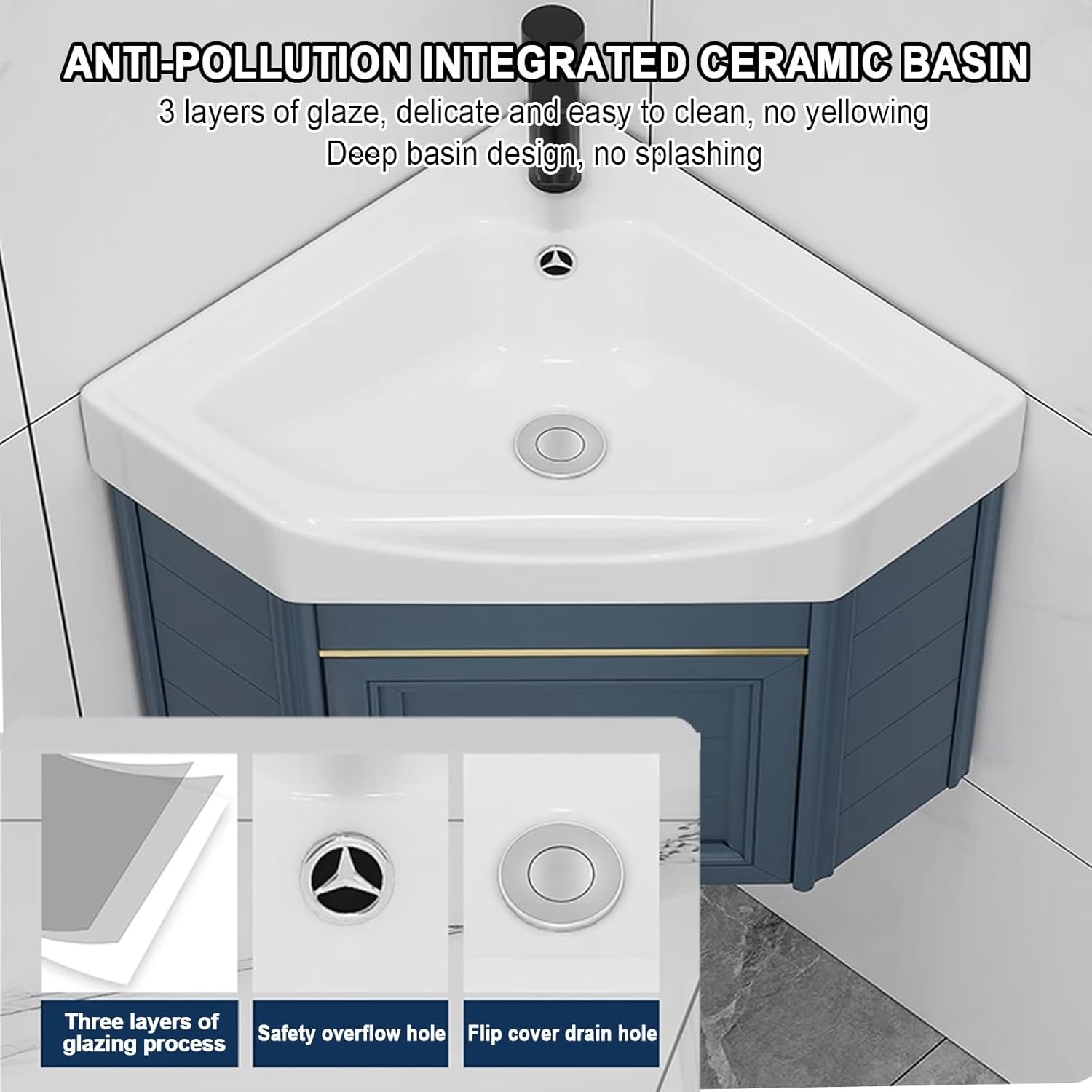 Ceramic wall mount corner bathroom vanity cabinets,for Small Space Cabinet Set Design,Bathroom Cabinet with Faucet and Drain,for Home Kitchen Patio Laundry Room. ( Color : Black , Size : 43*43cm )