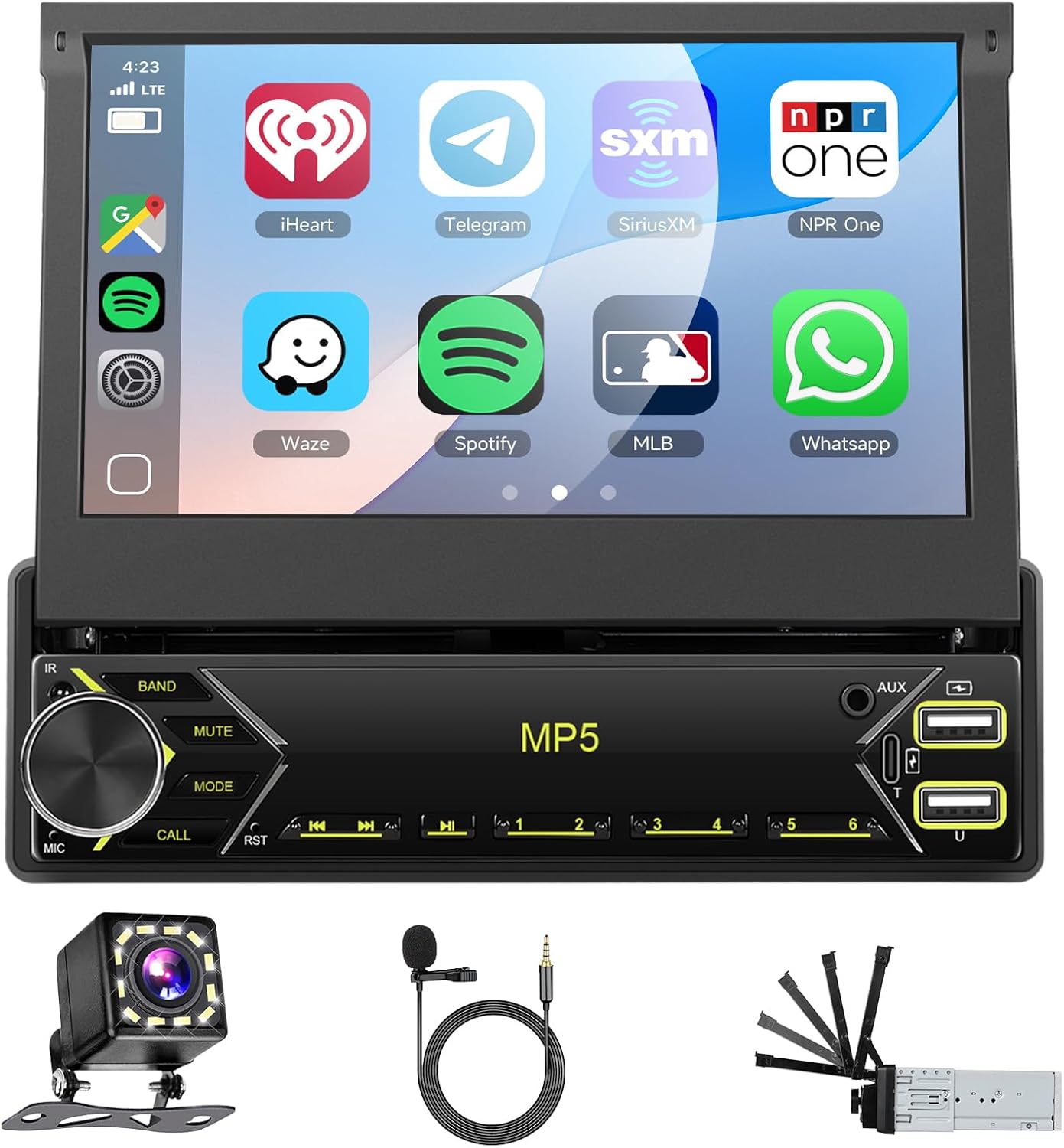 Single DIN Car Stereo Flip Out 7-inch Retractable Touch Screen, Wireless CarPlay Radio Android Auto Single Din Head Unit with USB-C FM EQ SWC Backup Camera