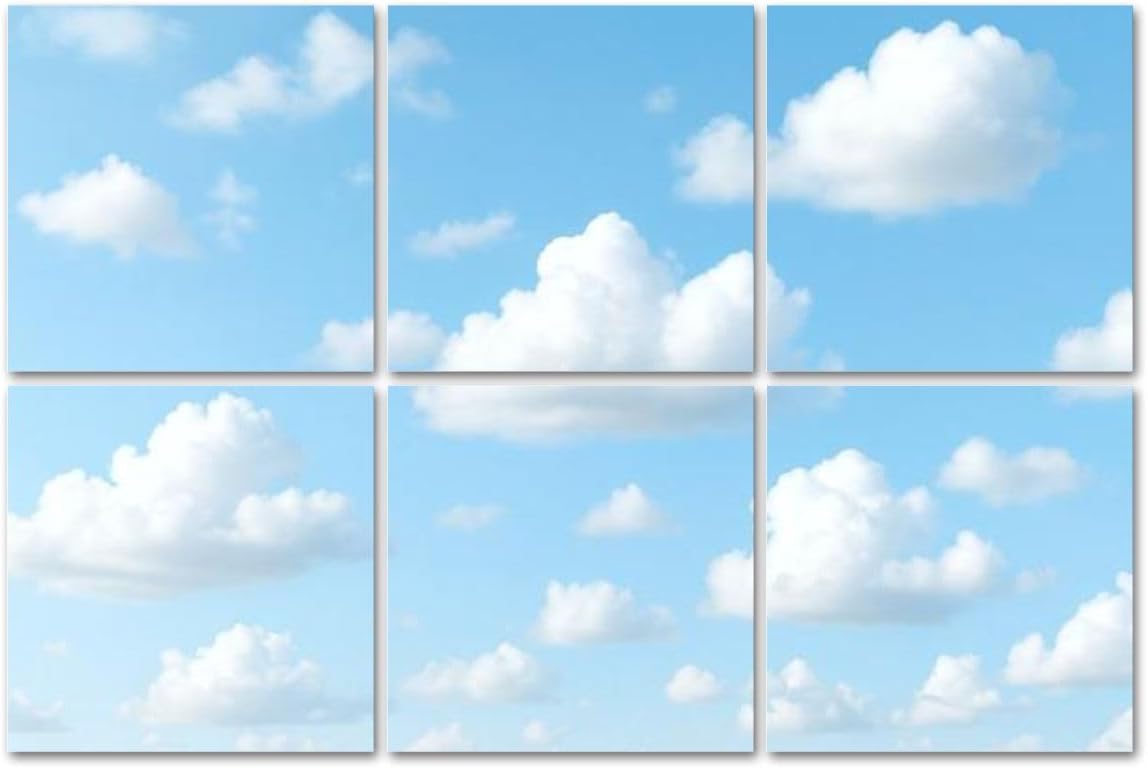 6 Pack Art Acoustic Panels Sound Absorbing Fluffy White Cumulus Clouds Bright Blue Sky Decorative Soundproof Wall Panels Self Adhesive for Recording Studios Office 72