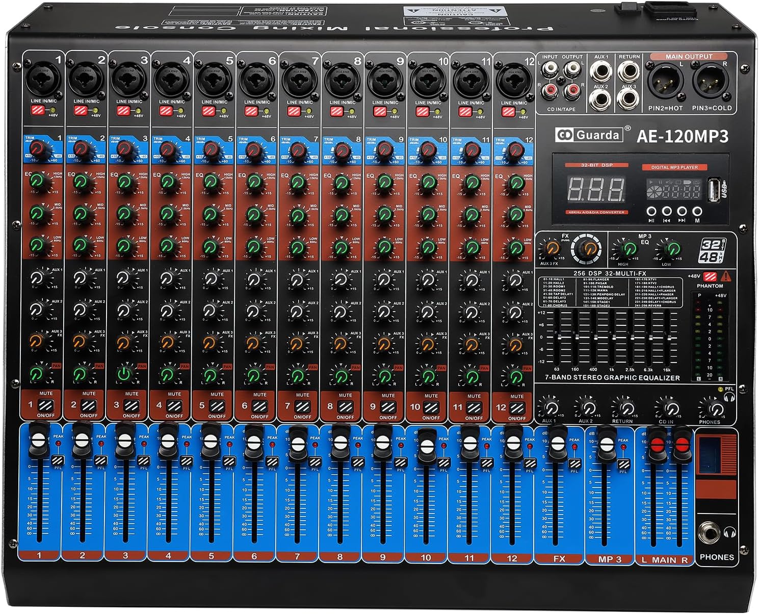Audio Mixer, 12 channels with 256 DSP Effects, 7-band EQ,Independent 48V Phantom Power&Mute Button,Bluetooth Function,USB Interface Recording For Studio & Stage Guarda Audio(AE120)