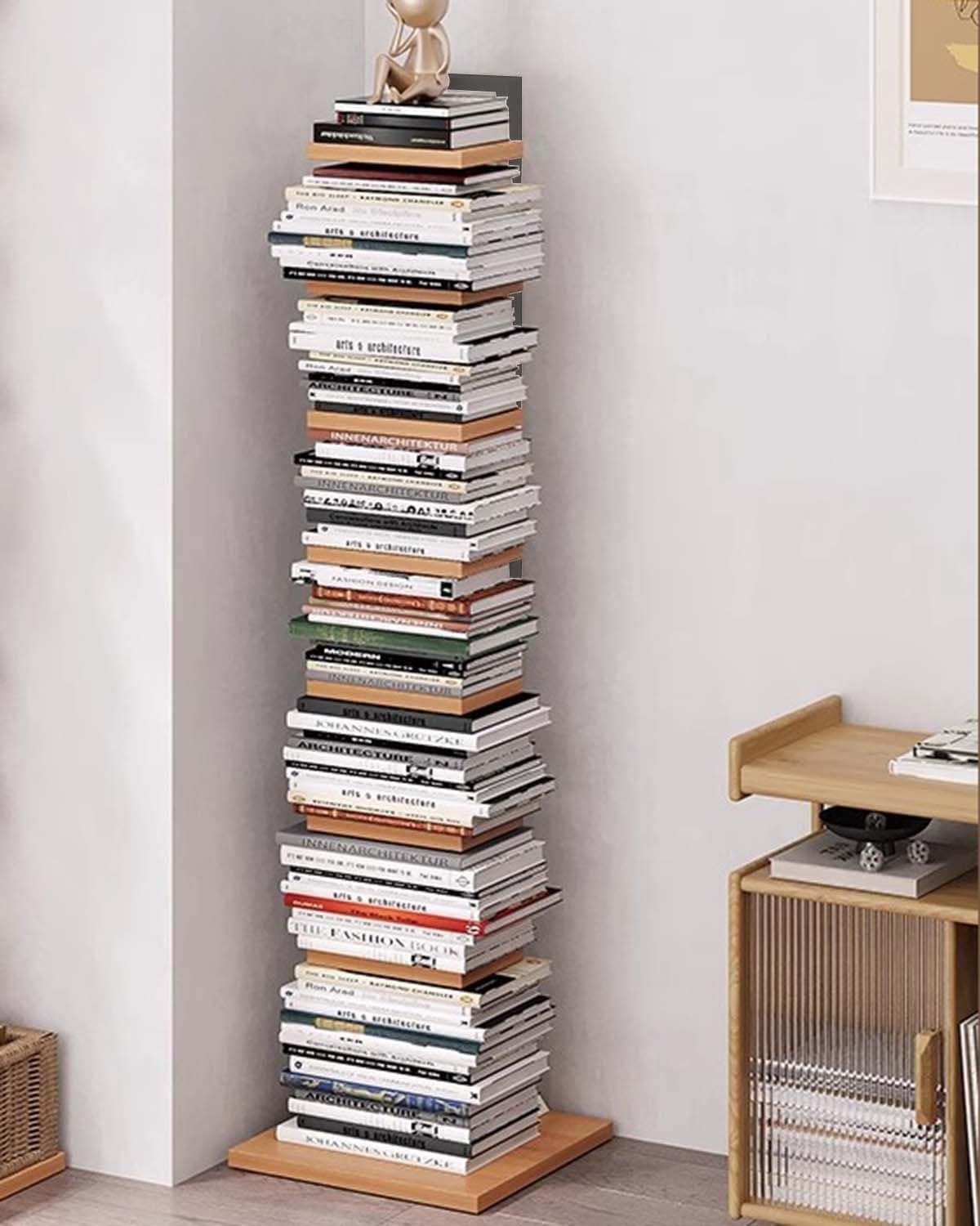 6-Tier 143cm Tall Narrow Spine Book Tower, Open Vertical Bookshelf, Wood & Iron Invisible Bookcase Display Shelf, Corner Book Organizers Storage Rack(Black)