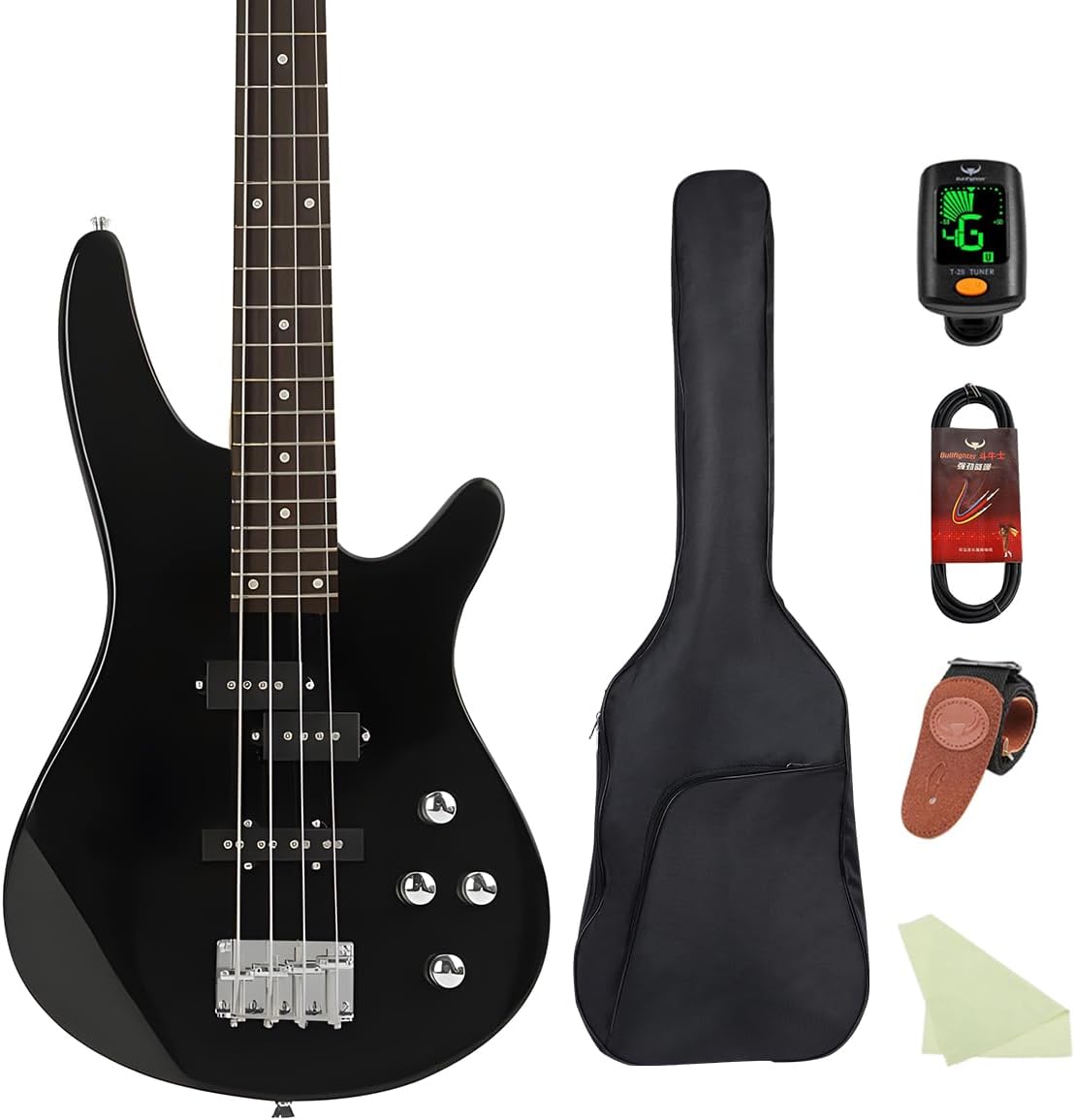 Electric Bass Guitar 4 Strings Full-Size Standard Bass PB-Style Beginner Kit Black for Starter with Gig Bag Guitar Strap and Guitar Cable (IB-black)