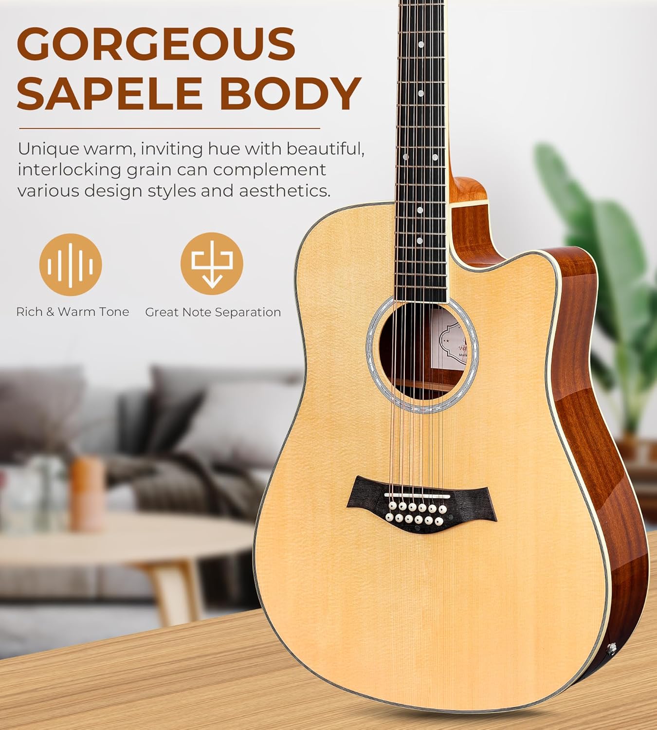 Vangoa 12 String Guitar, Acoustic Electric Guitar 12 Strings, Spruce Top, Sapele Body, Bone Nut, Natural, Gloss