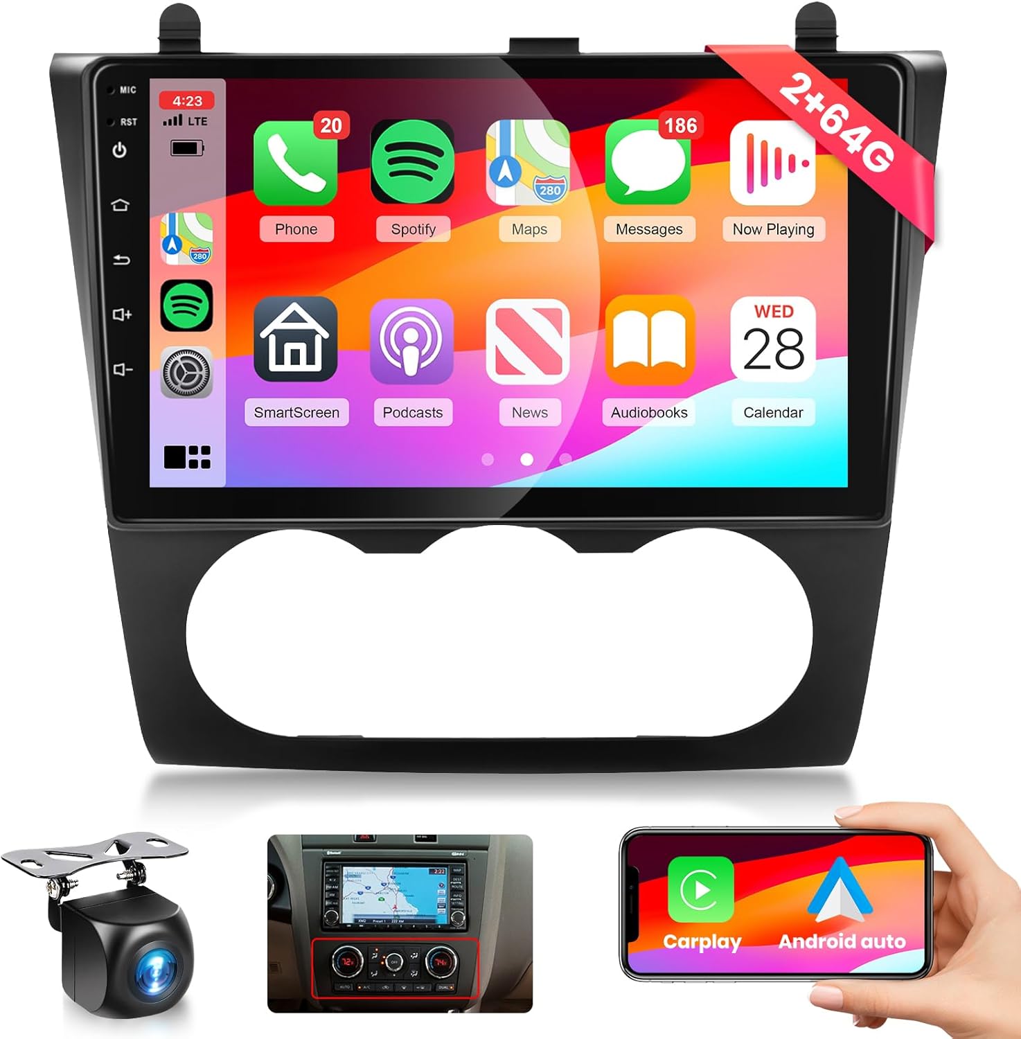 【HiFi 16EQ】 2G+64G Car Stereo Radio for Nissan Altima 2008-2012 Manual A/C with Carplay Android Auto MirrorLink,Podofo 9inch 1080P IPS HD IPS Touchscreen Bluetooth RDS FM Radio GPS WiFi Backup Camera