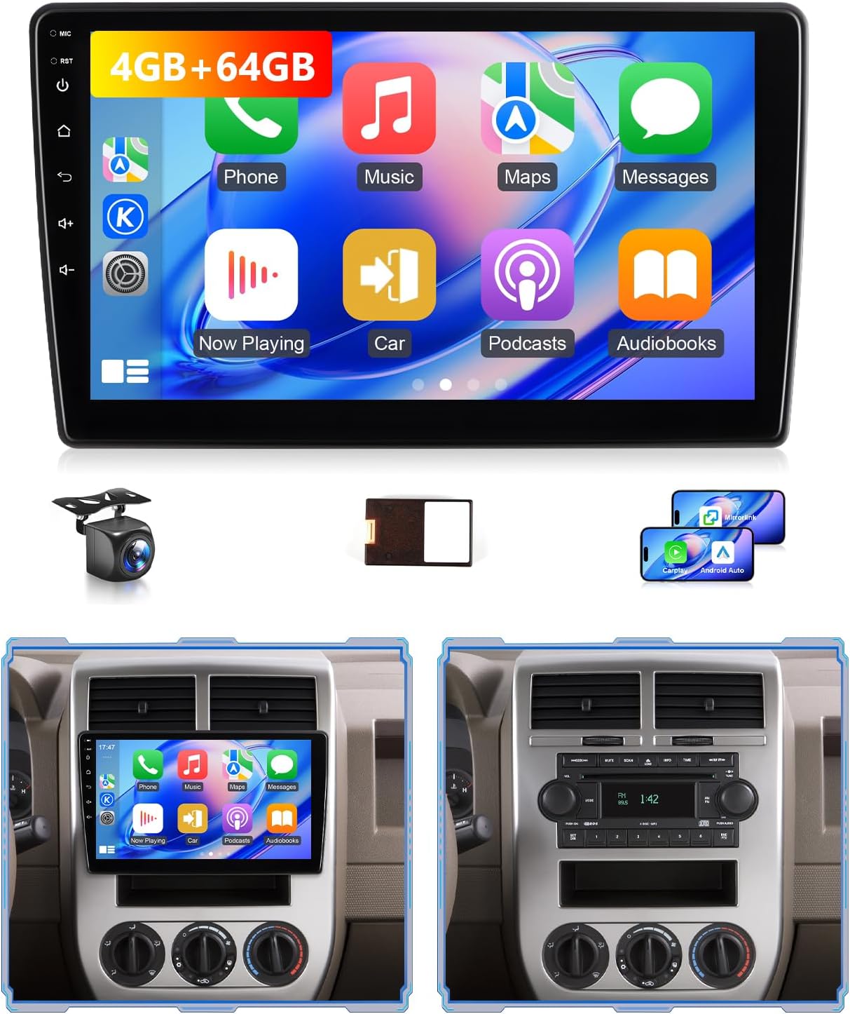 4+64G Car Radio for Dodge RAM 1500/2500/3500 2006-2008 Ram Prikup 2002-2005, Wireless Carplay Android Auto 9
