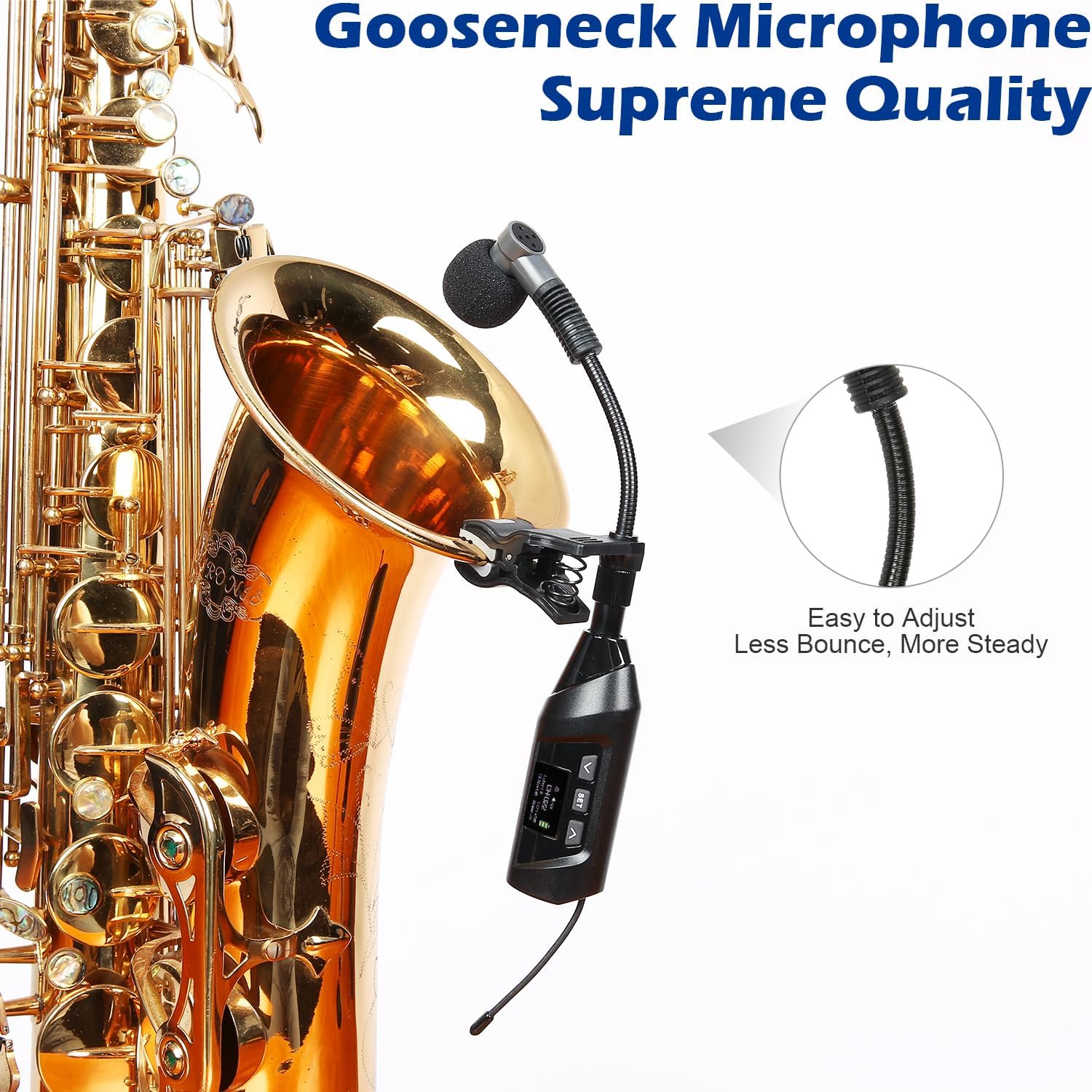 Wireless Saxophone Microphone System, Clip-On Instrument Microphone for Sax and Trumpet, Preset EQ & Echo Level 196 Ft Transmission Rechargeable Compact Transmitter and Receiver 4.5 Hours