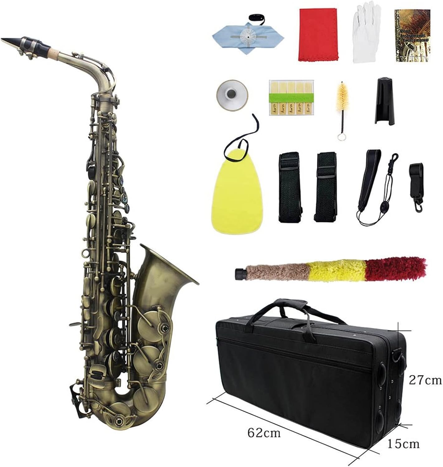 Sax Beginners Kit Antique Finish Bend EB E- Flat Alto Saxophone Sax Abalone Shell Key Carve Pattern with Case Gloves Cleaning Cloth Straps Brush Wind Instrument
