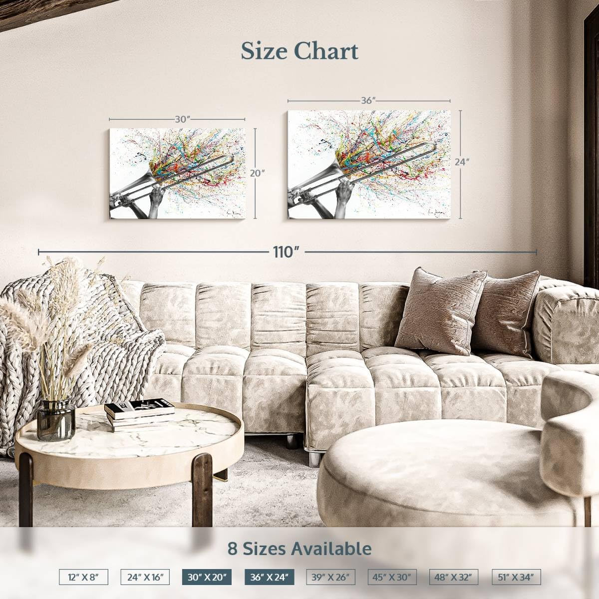 ElephantStock Trombone Solo Wall Art - Horizontal Wrapped Canvas - 1-Piece Living Room Wall Decor - Painting Music Canvas Print - White and Gray Decor for Wall by Ashvin Harrison - 36