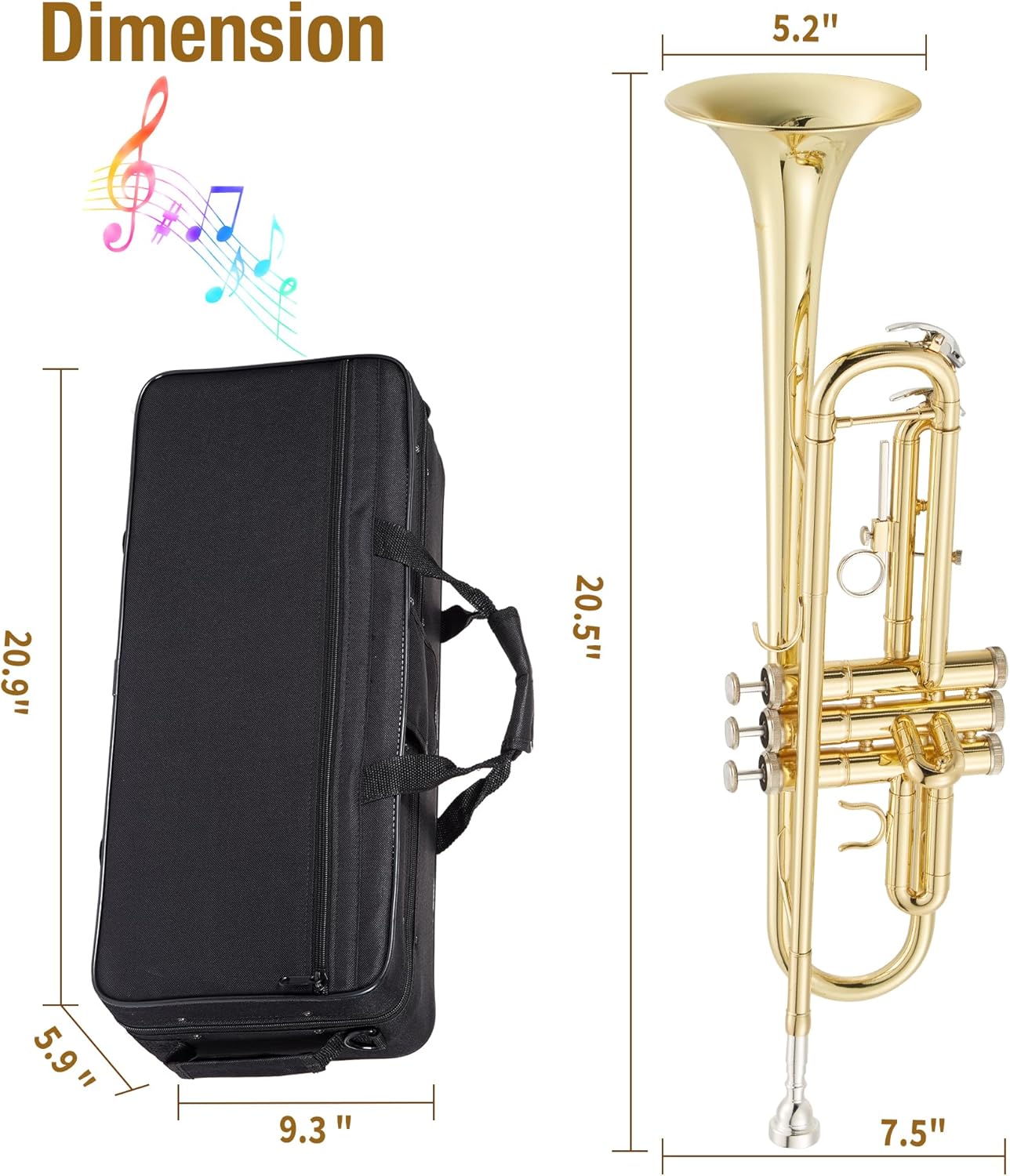 Senfot Brass Standard Trumpets with Bag, Mouthpiece, Strap, Gloves, Cleaning cloth, Trumpet oil; Exceptional Sound Quality Instrument for Band, Lessons & Practice