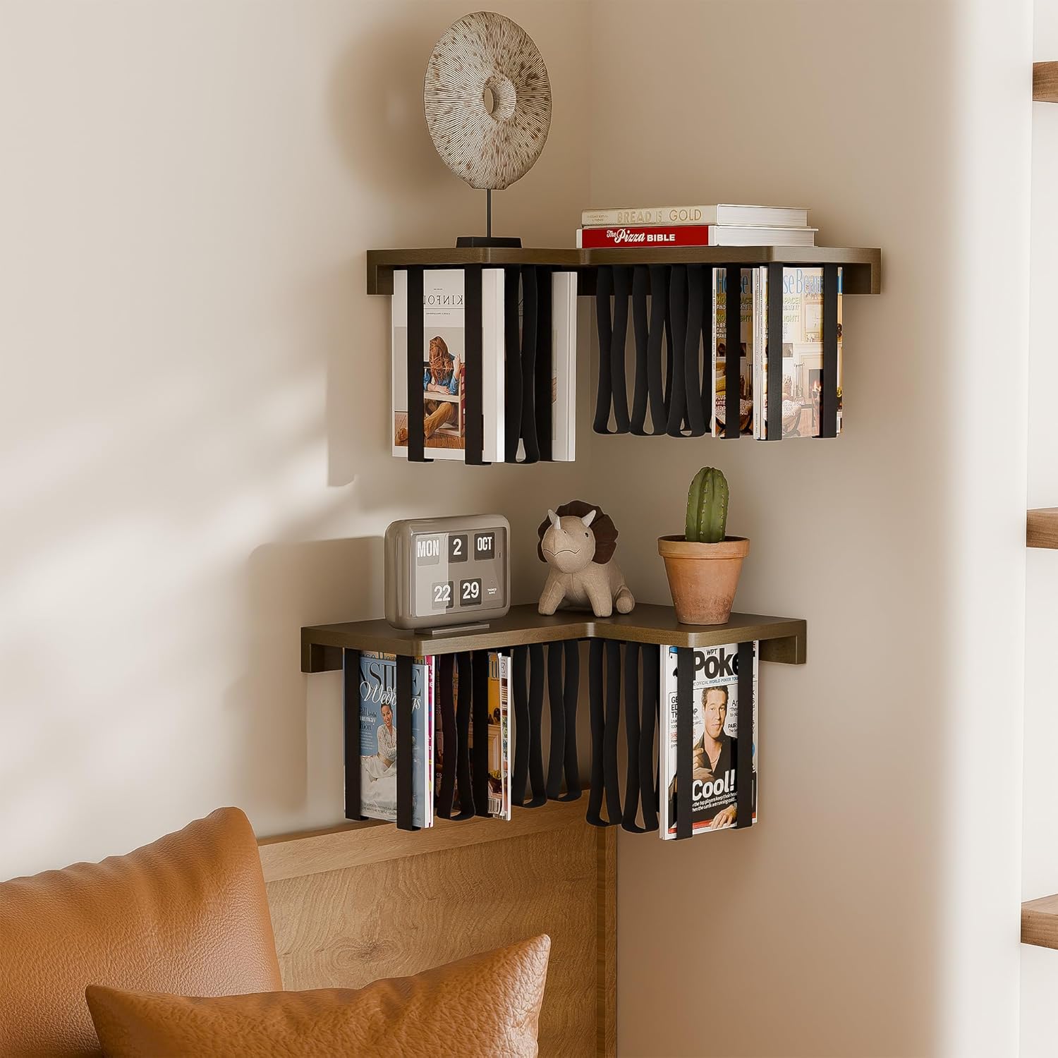 Floating Bookshelves for Wall Set of 2 - Corner Floating Shelves for Books, Rubberwood Wall Mount Bookshelf, Unique Wall Bookshelf with Elastic Strap,Hanging Bookshelves for Wall-Walnut Color