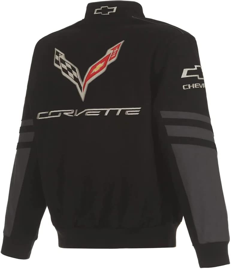 SR1 Performance C7 Corvette Embroidered Jacket - Classic Twill Racing Style Snap Up Design - Black
