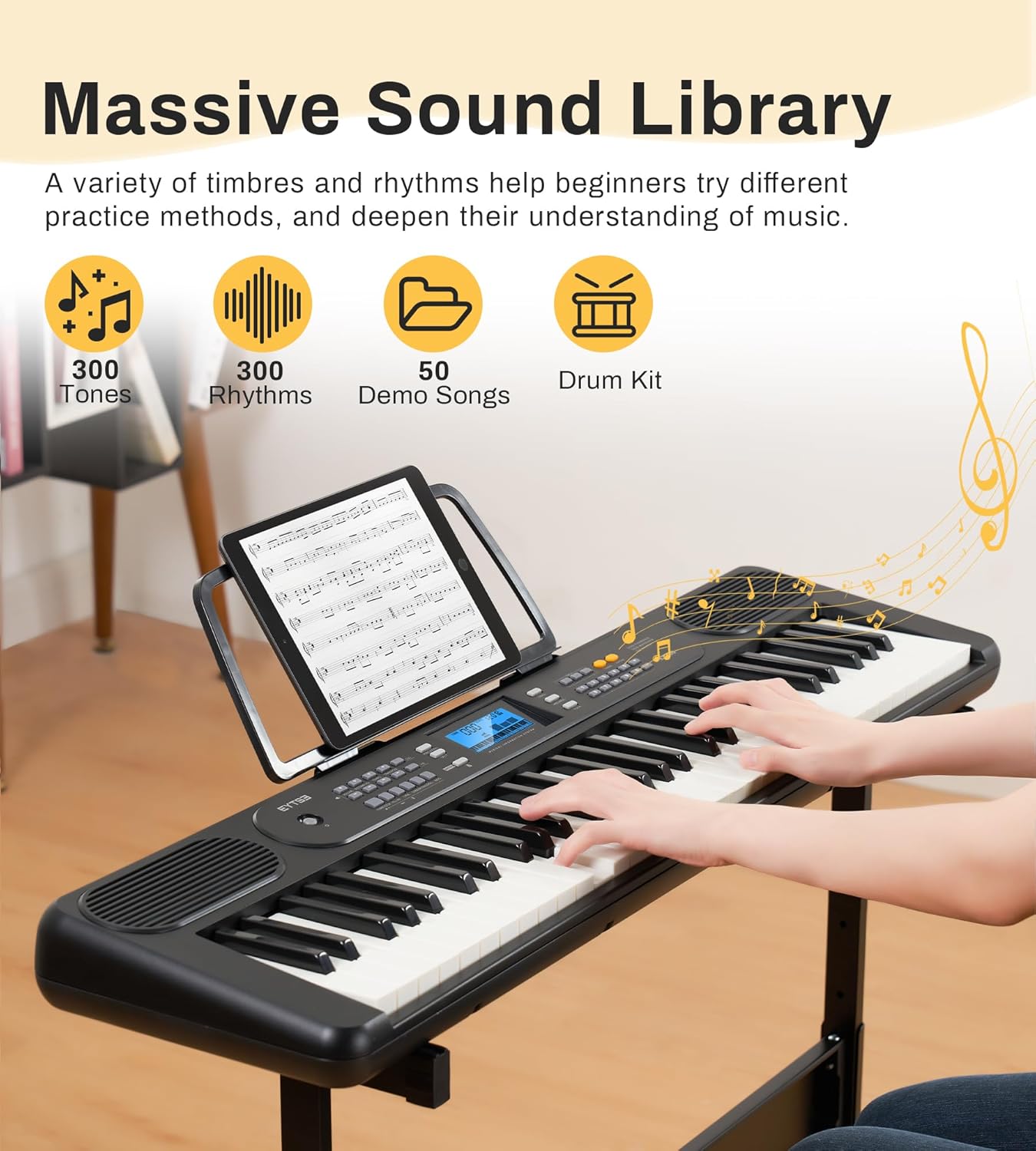 61 Key Electronic Piano Keyboard for Beginners Full Set with LCD Display, 300 Tones, 300 Rhythms, 50 Demos, 3 Teaching Modes, Stand, Bench, Headphones, Microphone