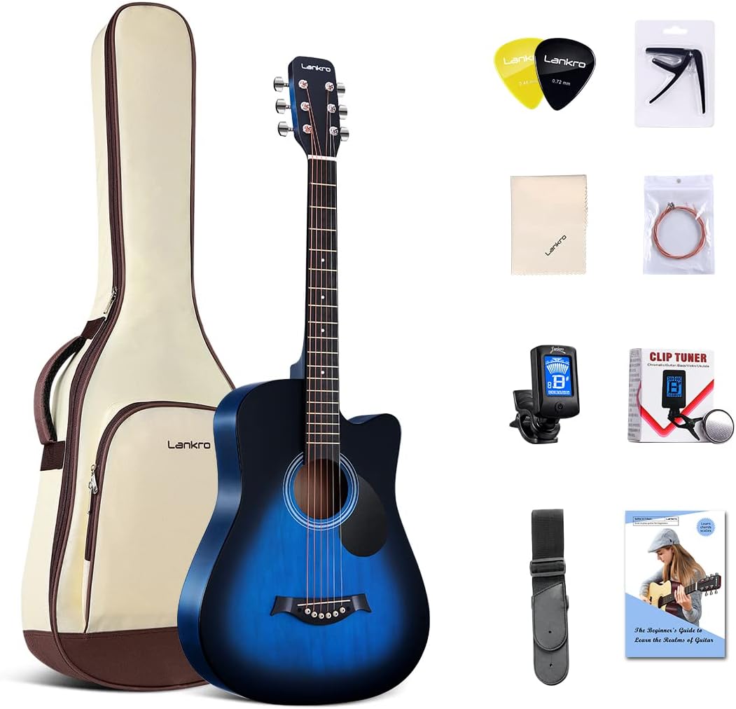 38 inch Guitar Blue Acoustic Guitar Beginner kit Adult Cutaway Acoustic Guitar Guitarras Starter Set Bundle with Padded Gig Bag, Strap, Capo, Strings, Picks