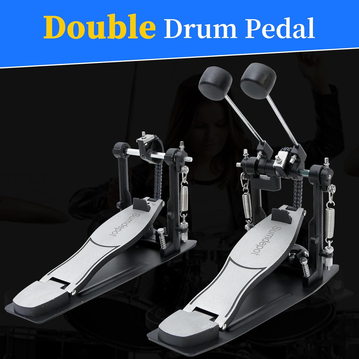 Double Bass drum Pedal,Double Bass Pedal with Adjustable Beater Head,Double Chain Drive Foot Kick Pedal with Drum Key for Drum Set and Electronic Drums (Silver, Double drum pedal)