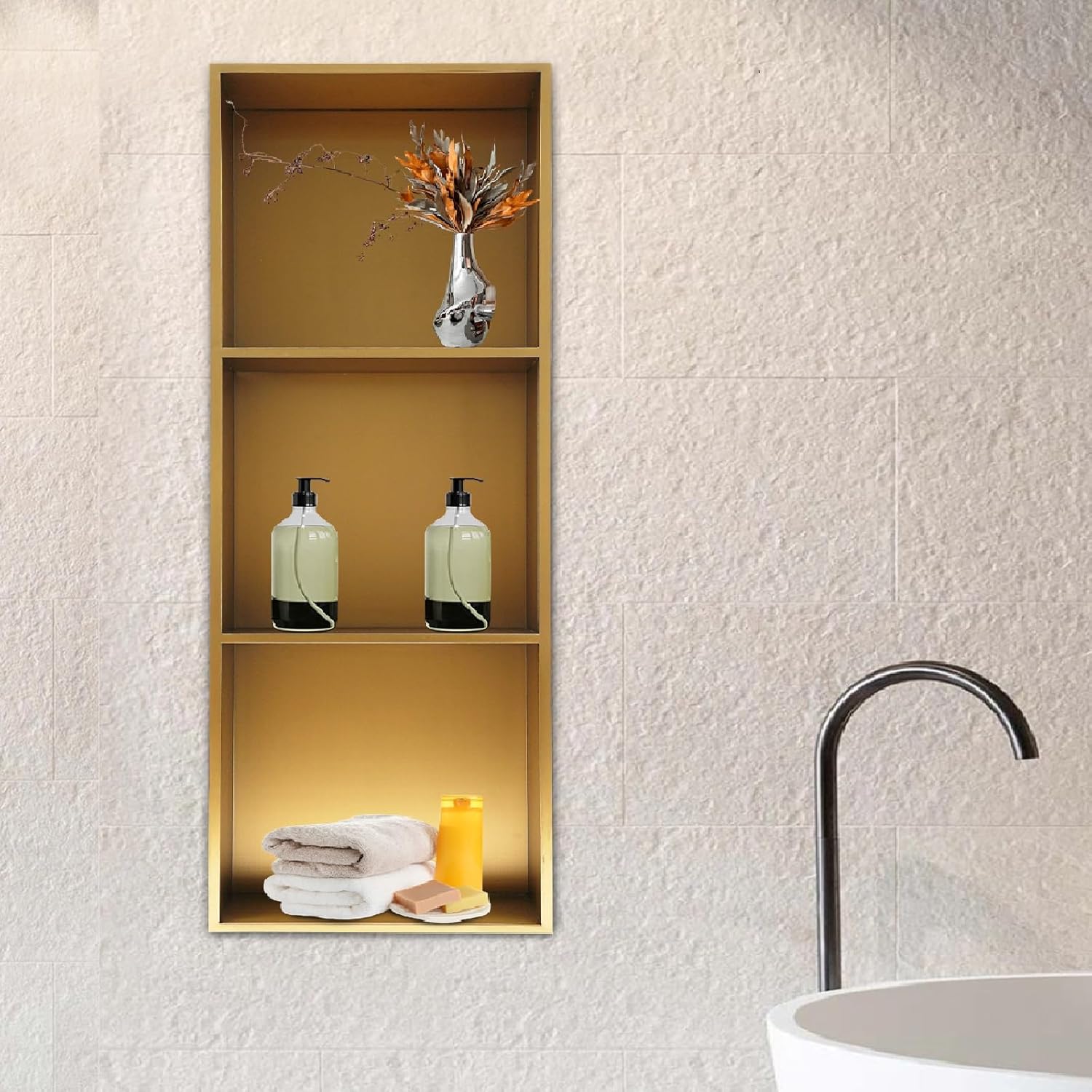 Stainless Steel Shower Niche for Shower Wall Recessed Wall Niche Gold 11 X 35.7In, No Tile Needed Wall Niche Recessed Shower Shelf for Bathroom Storage