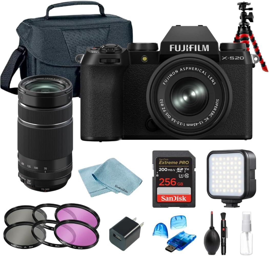 Fujifilm X-S20 Mirrorless Camera with XC 15–45mm & XF 70–300mm Lenses + 256GB Extreme Pro, 2 Filter Kits, Tripod, LED Light, Camera Bag, Card Reader & BluebirdSales Cleaning Kit
