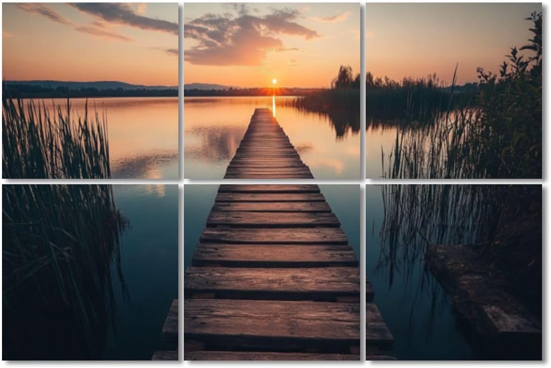 6 Pack Art Acoustic Panels Sound Absorbing Sunset Landscape Boardwalk Stair Heavy Sunset Lake Rustic Wood Wooden Decorative Soundproof Wall Panels Self Adhesive for Recording Studios Office 72