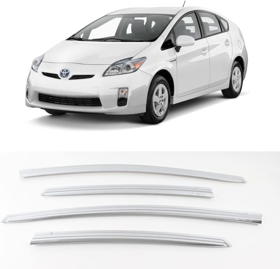 Safe Chrome Window Visor Deflector Sun Rain Vent Guard 4 Pcs Set Compatible with 2009~2015 Prius Out Channel Visor