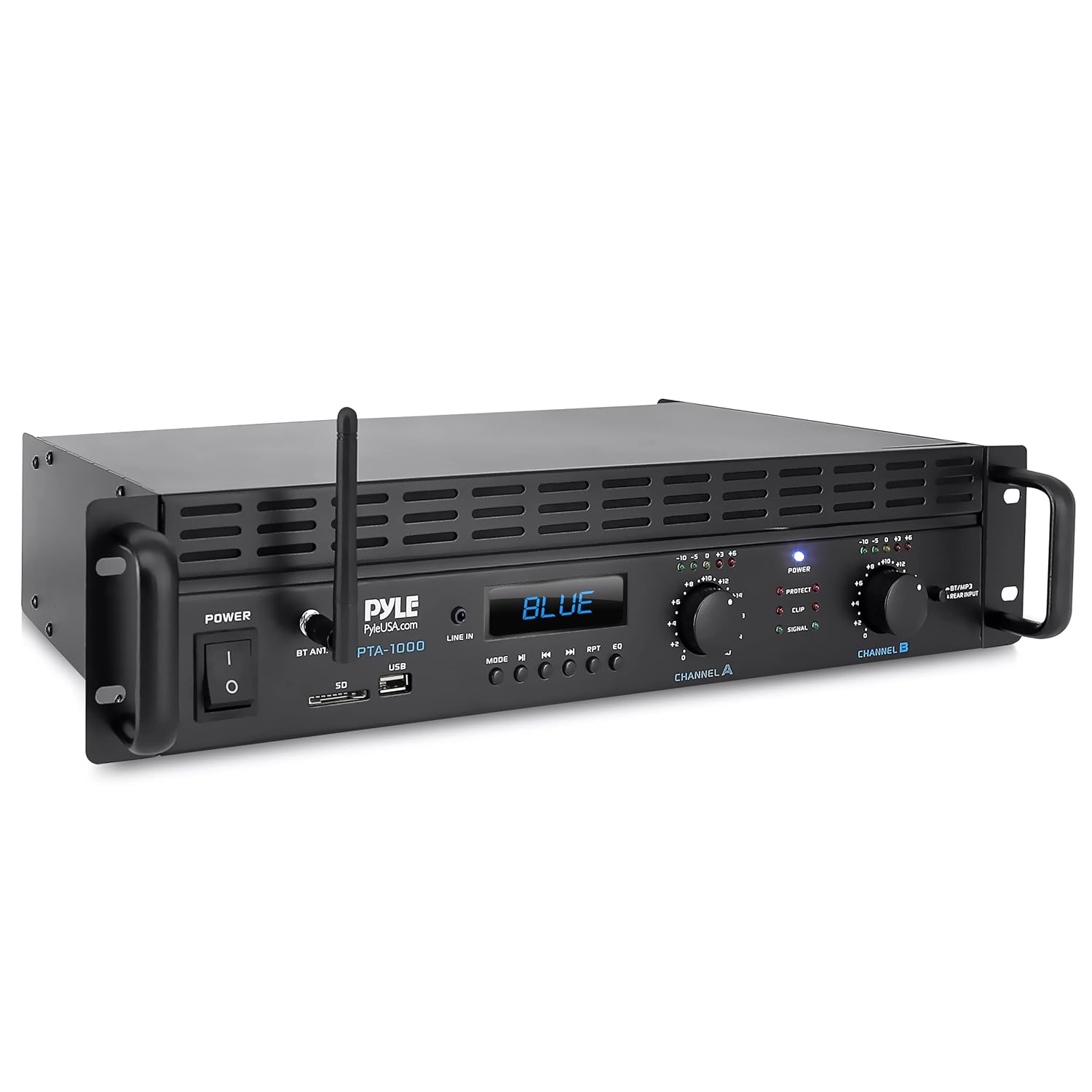 Pyle 2-Channel Bluetooth Power Amplifier- 2000W Bridgeable Rack Mount Pro Audio Sound Wireless Home Stereo Receiver w/TRS XLR Input,LCD,Bridge Mode,Cooling Fan,Entertainment Speaker System- PTA1000BT