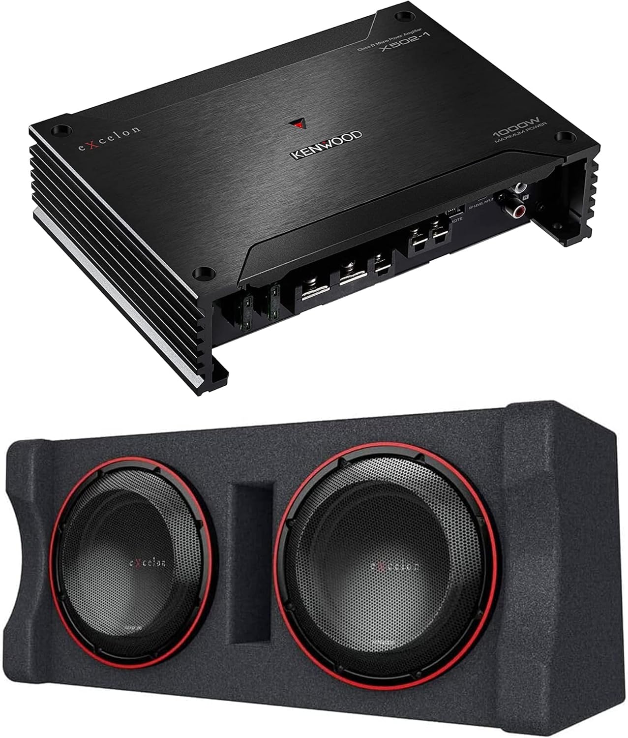 KENWOOD X502-1 eXcelon 500-Watt @ 2 Ohms Class D Subwoofer Amplifier | Plus KENWOOD eXcelon P-XW1221DHP 2-ohm Ported Enclosure with Two 12