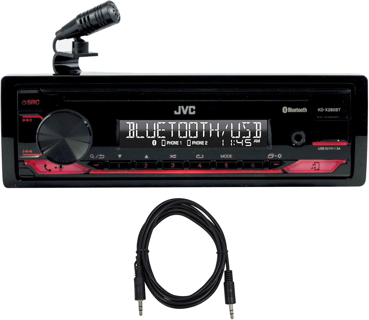 Audiosavings Bundle:(1) JVC KD-X280BT 1-Din Car Stereo Digital Media Receiver w/Bluetooth/USB/13-Band EQ Bundle with (1) Rockville TS1224 6 Foot 3.5MM to 3.5MM Aux Cable (Items 2)