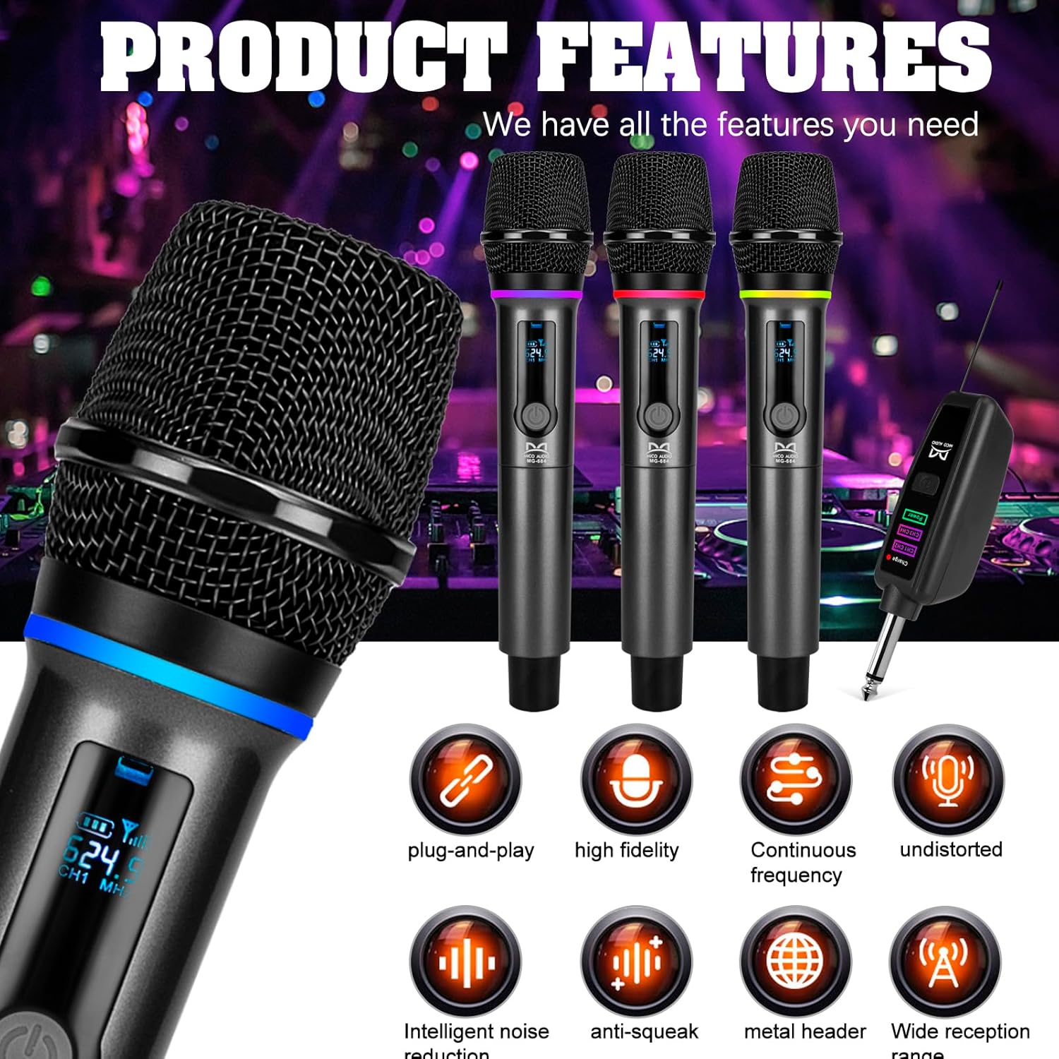QiCheng&LYS 4 Wireless Microphones with Rechargeable Receiver, 2.4G Cordless Mics with Volume Control, Handheld Dynamic Mic System for Church Singing Karaoke Wedding, 200ft