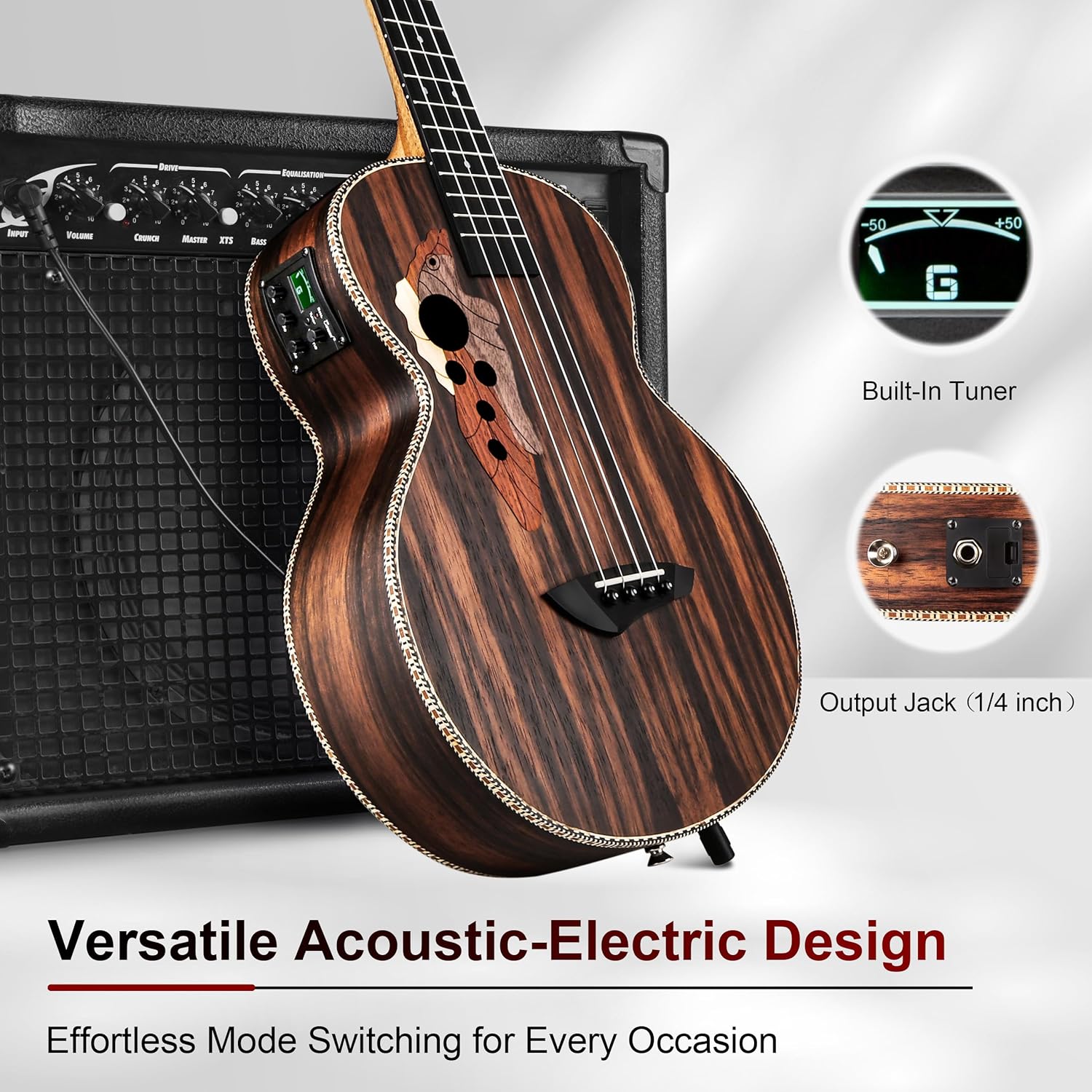 Caramel Ebony Wood Baritone Ukulele 30inch Wood LCD Color Display Electric Ukelele Kit Hawaiian Beginner Guitar Starter Pack Bundle Gig bag, Strap, Strings Set