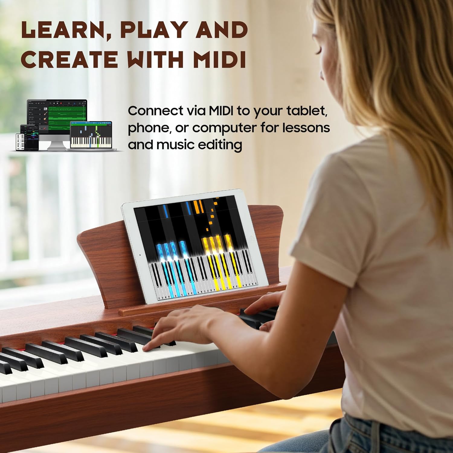 CAHAYA Digital Piano 88 Key – Full-Size Weighted Electric Piano Keyboard with Wooden Body, 380 Sounds, Triple Pedal, USB-MIDI, Ideal Xmas & Holiday for Beginners & Adults