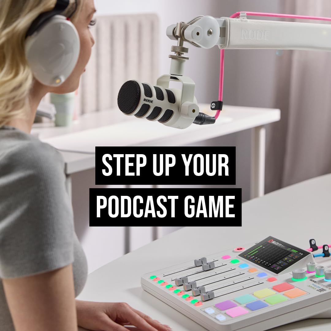 Rode RODECaster Pro II (White) Audio Production Console with 4x PodMic Microphones, PSA1+ Professional Boom Arms, Over-Ear Headphones, 32GB microSD Card & XLR Cables