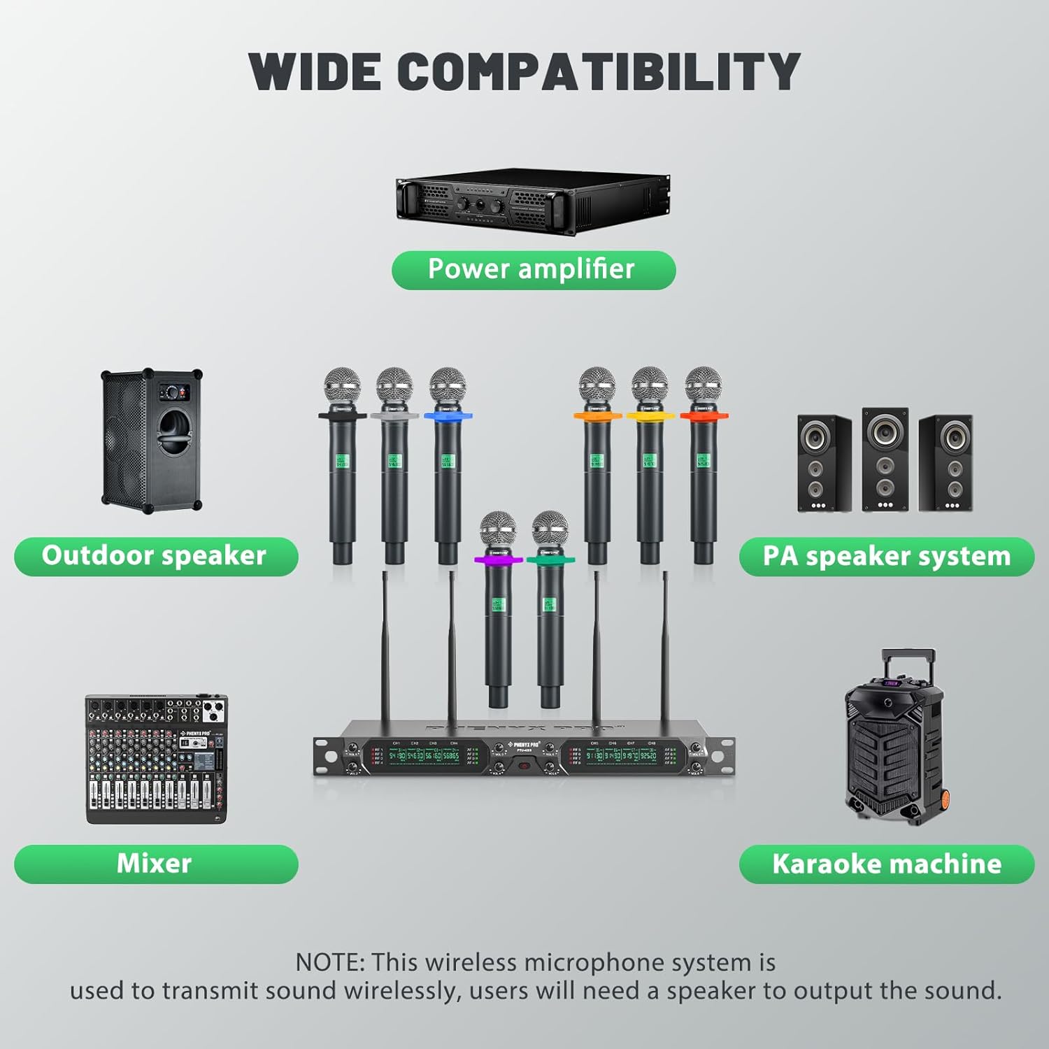 Phenyx Pro Wireless Microphone System, 8-Channel UHF Cordless Mic with Metal Handheld Wireless Mics, Fixed Frequency Dynamic Microphone for Karaoke,Church,Singing,DJ,260ft Range (PTU-4000-8H)