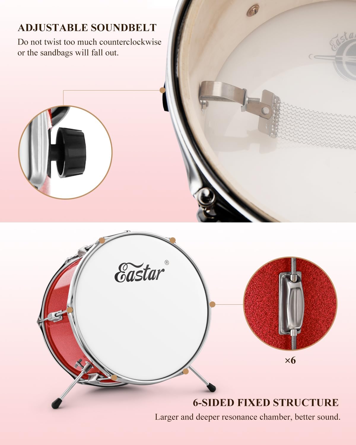 Eastar Drum Set for Kids and Beginners, 3-Piece 14'' Drum Kit with Adjustable Throne, Cymbal, Pedal & Two Pairs of Drumsticks, Junior Drum Set with Bass Tom Snare Drum, Metallic Red