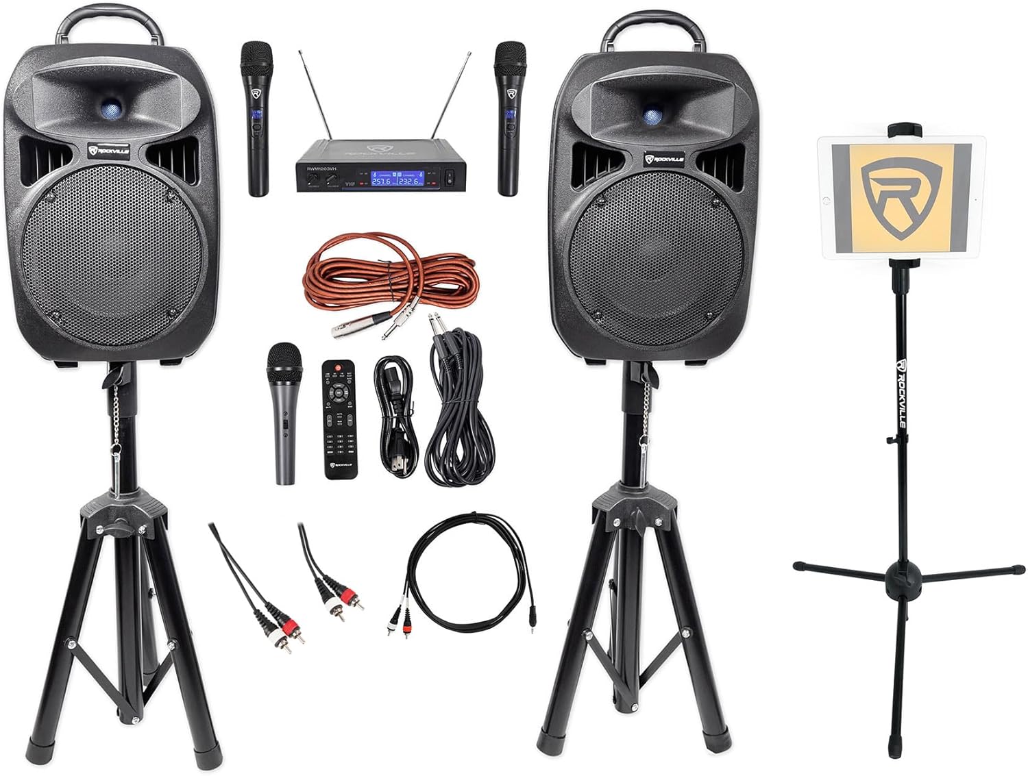Rockville RPG082K Bundle: Dual 8 in Powered PA Speakers with Bluetooth, Mic, Stands, RWM1203VH Wireless Mic System, iStand 20 Tablet Tripod, RCDR10B RCA Cable, RNRMR10 TRS to RCA Cable, 5-Items