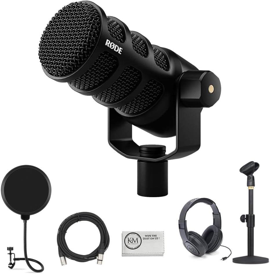 Rode PodMic USB and XLR Dynamic Broadcast Microphone Bundle with Table Stand + Headphones + Wind Screen Pop Filter + XLR Cable + Cleaning Cloth (6 Items)