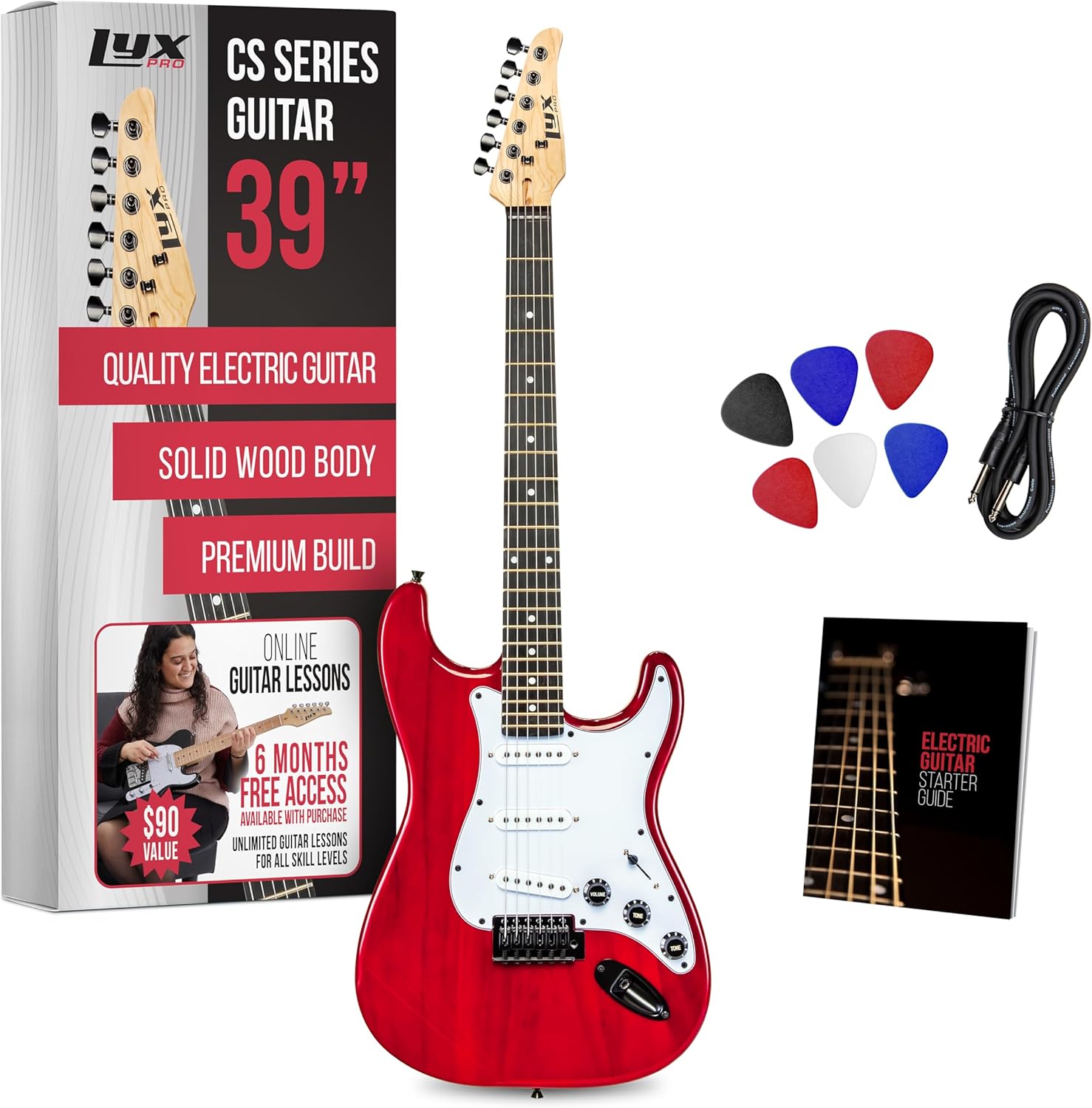 LyxPro CS 39” Electric Guitar Kit for Beginner, Intermediate & Pro Players with Guitar, Amp Cable, 6 Picks & Learner’s Guide | Solid Wood Body, Volume/Tone Controls, 5-Way Pickup - Red