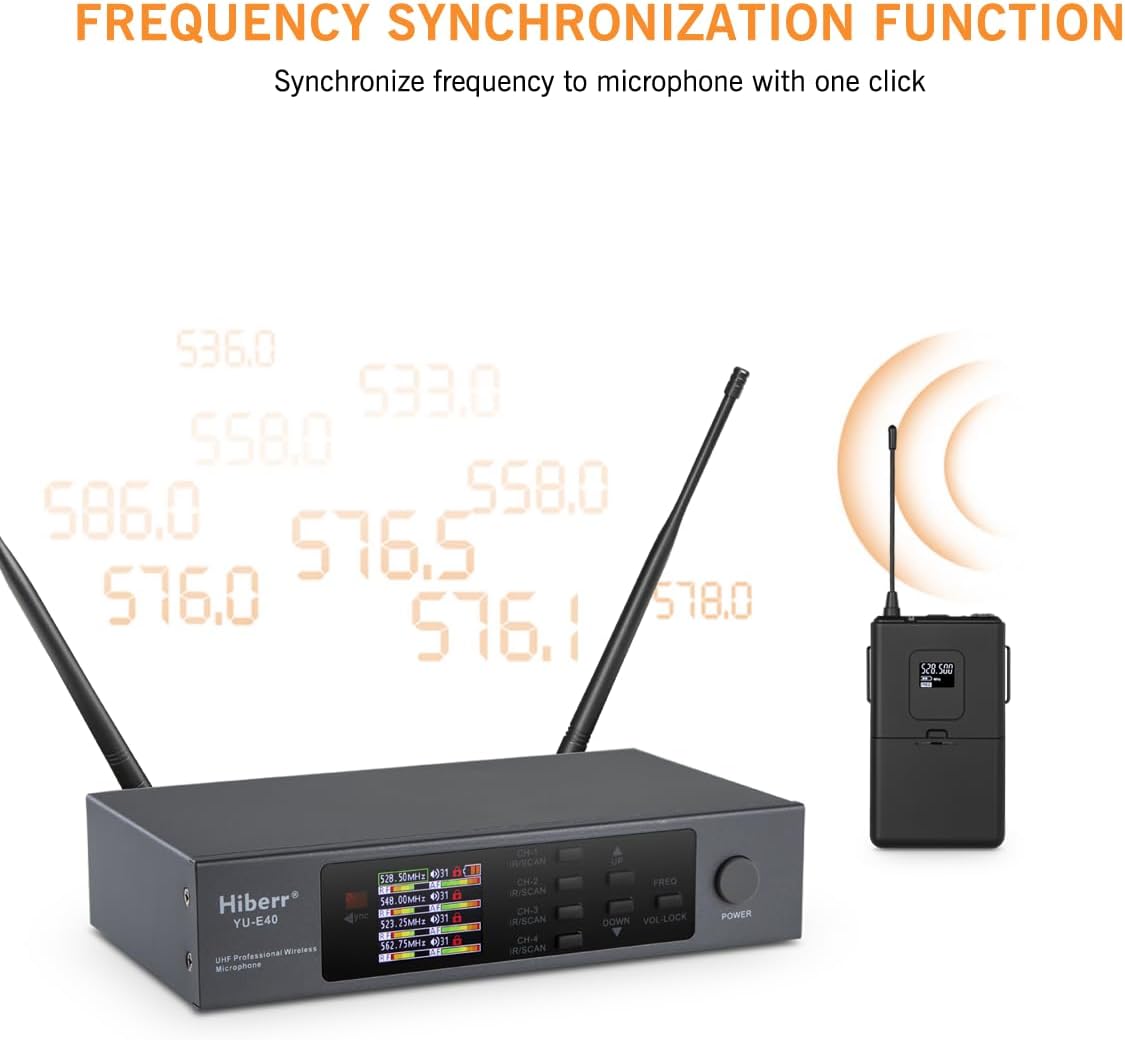 Wireless Microphone System, 4 Channels Adjustable UHF Wireless Microphone Headset Metal Shell Vocal Wireless Mic Lapel for Church, Party, Singing, SpeechYU-E40B Cordless Microphone