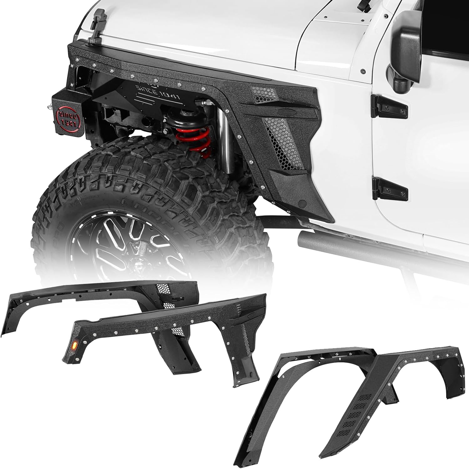 Hooke Road 4-Door JK Fender Flares Kit w/Turn Signal Lights for 2007-2018 Jeep Wrangler JK Unlimited 4-Door Only, 4PCS Armor Style Front and Rear Steel Fenders