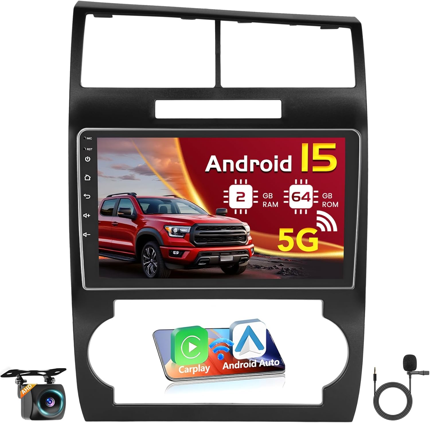 [64G] for Dodge Magnum 2005 2006 2007 Dodge Charger Android 15 Car Radio, Hikity 9'' Touch Screen Car Stereo Wireless CarPlay Android Auto 2+64G GPS WiFi Bluetooth FM/EQ SWC Backup Camera+Mic