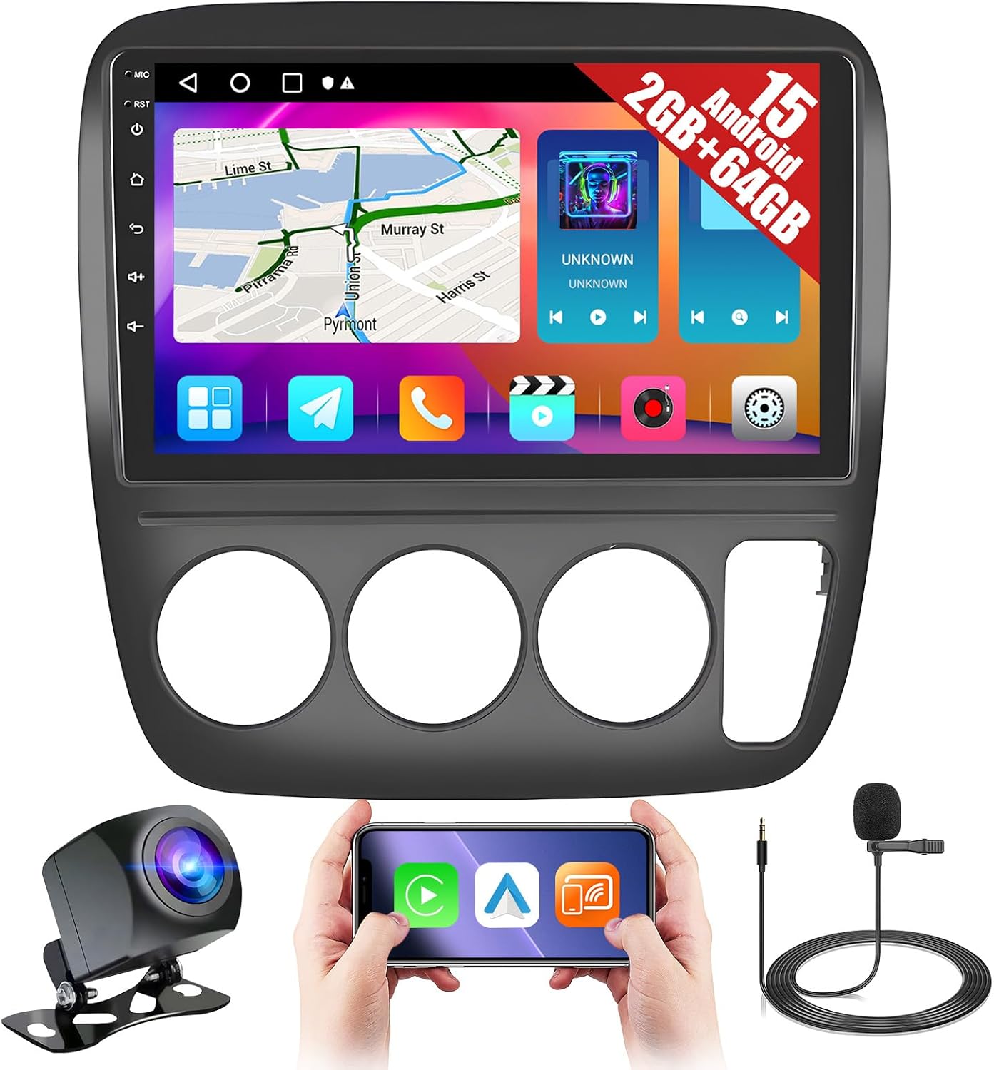 2+64GB Android 15 Car Stereo for Honda CRV 1997-2001 (Manual A/C) Wireless CarPlay Android Auto, Realdio 9 Inch Touch Screen for CRV Radio Bluetooth FM/RDS EQ WiFi GPS 26UI SWC + Rear Camera MIC